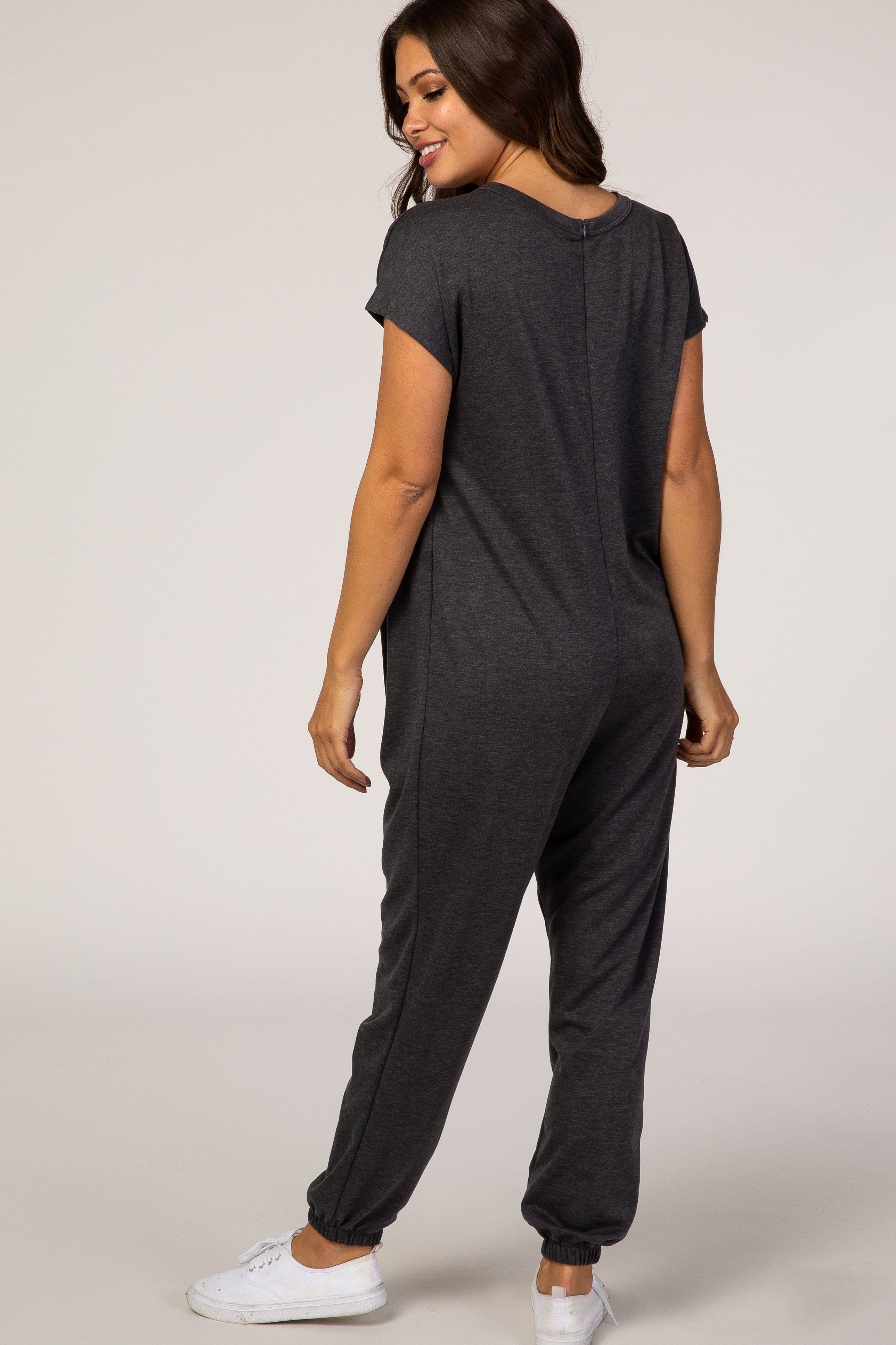 PinkBlush Charcoal Heathered Short Sleeve Maternity Jumpsuit sold by Pinkblush product image thumbnail 3