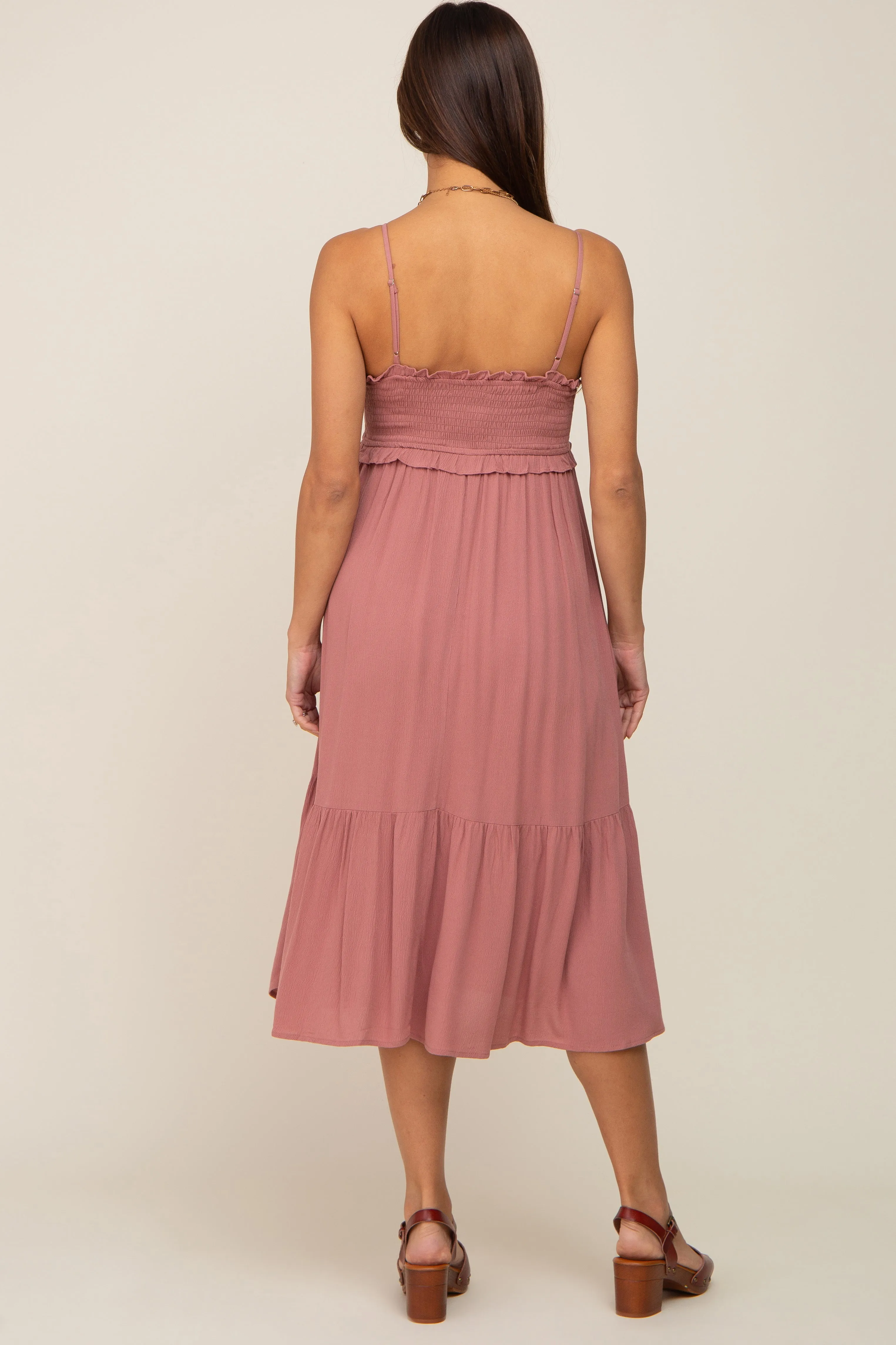 Mauve Smocked Ruffle Accent Maternity Midi Dress sold by Pinkblush product image thumbnail 3