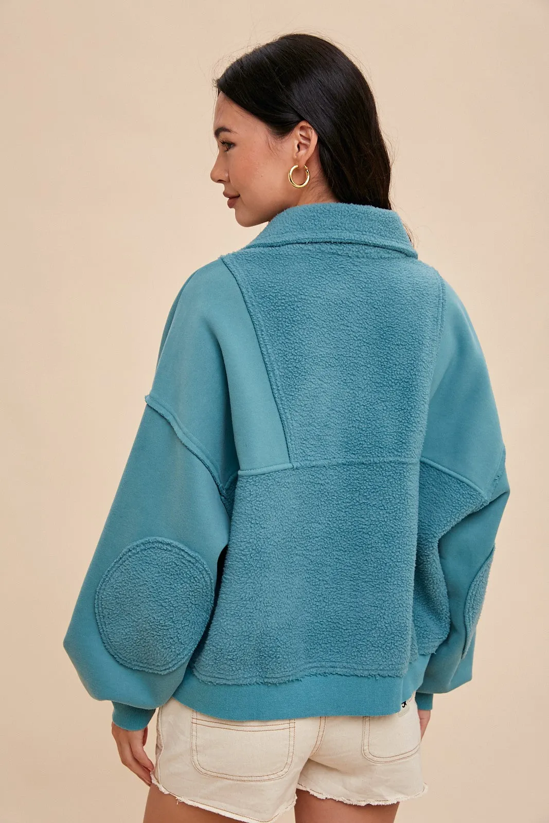 Teal Contrast Reversed Fleece 1/4 Zip Pullover sold by Pinkblush product image thumbnail 3