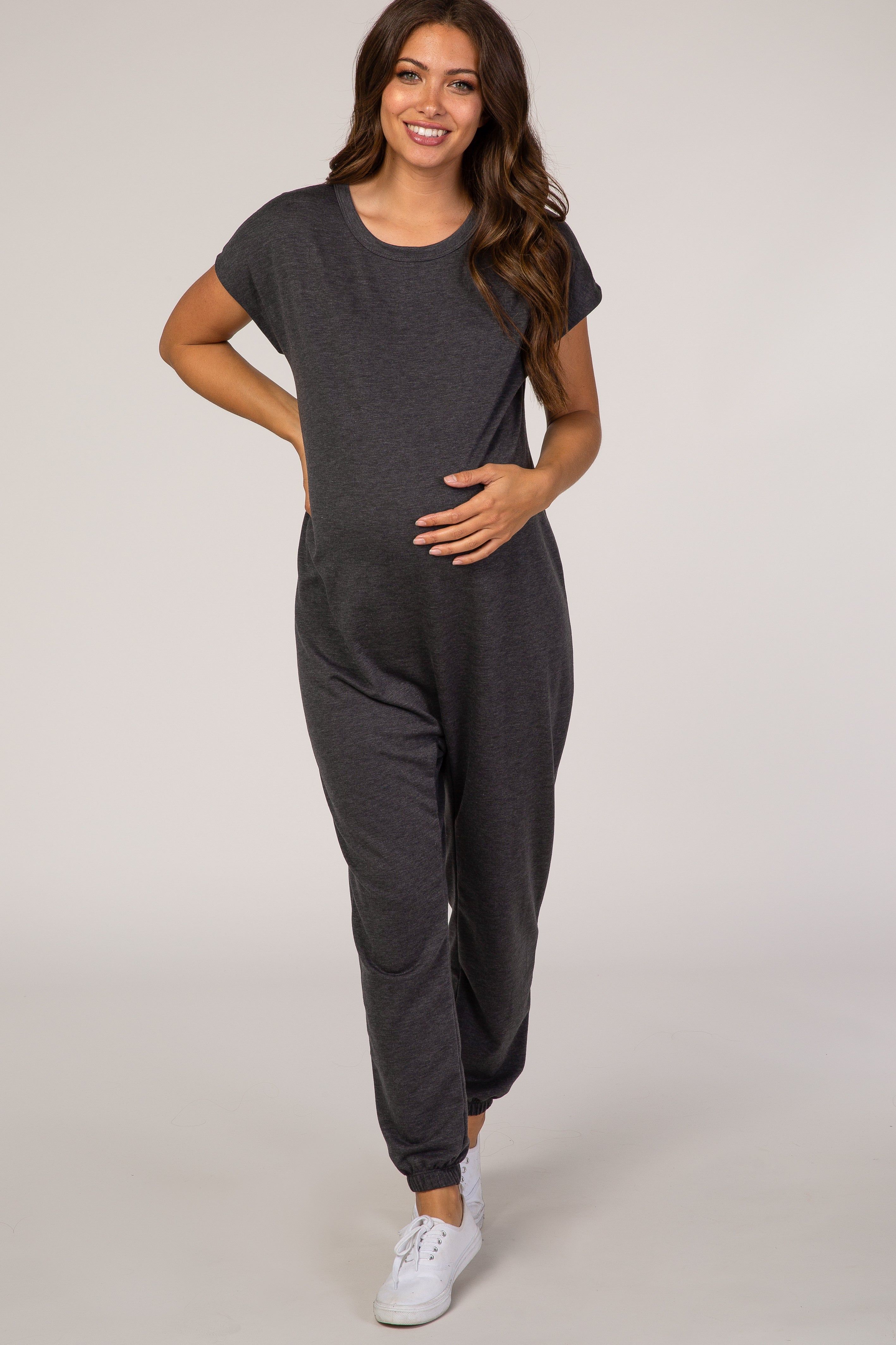 PinkBlush Charcoal Heathered Short Sleeve Maternity Jumpsuit sold by Pinkblush product image thumbnail 4