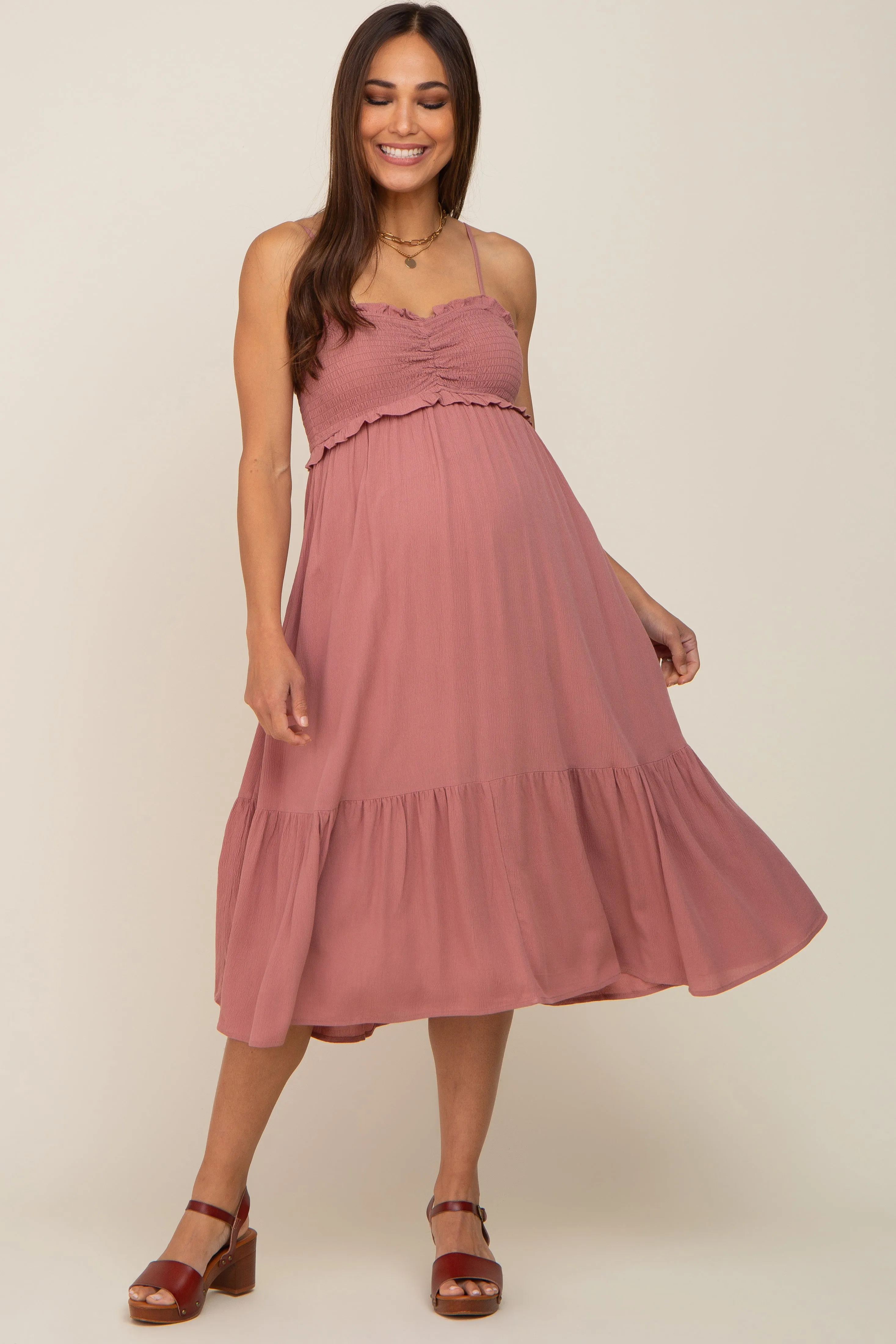 Mauve Smocked Ruffle Accent Maternity Midi Dress sold by Pinkblush product image thumbnail 4