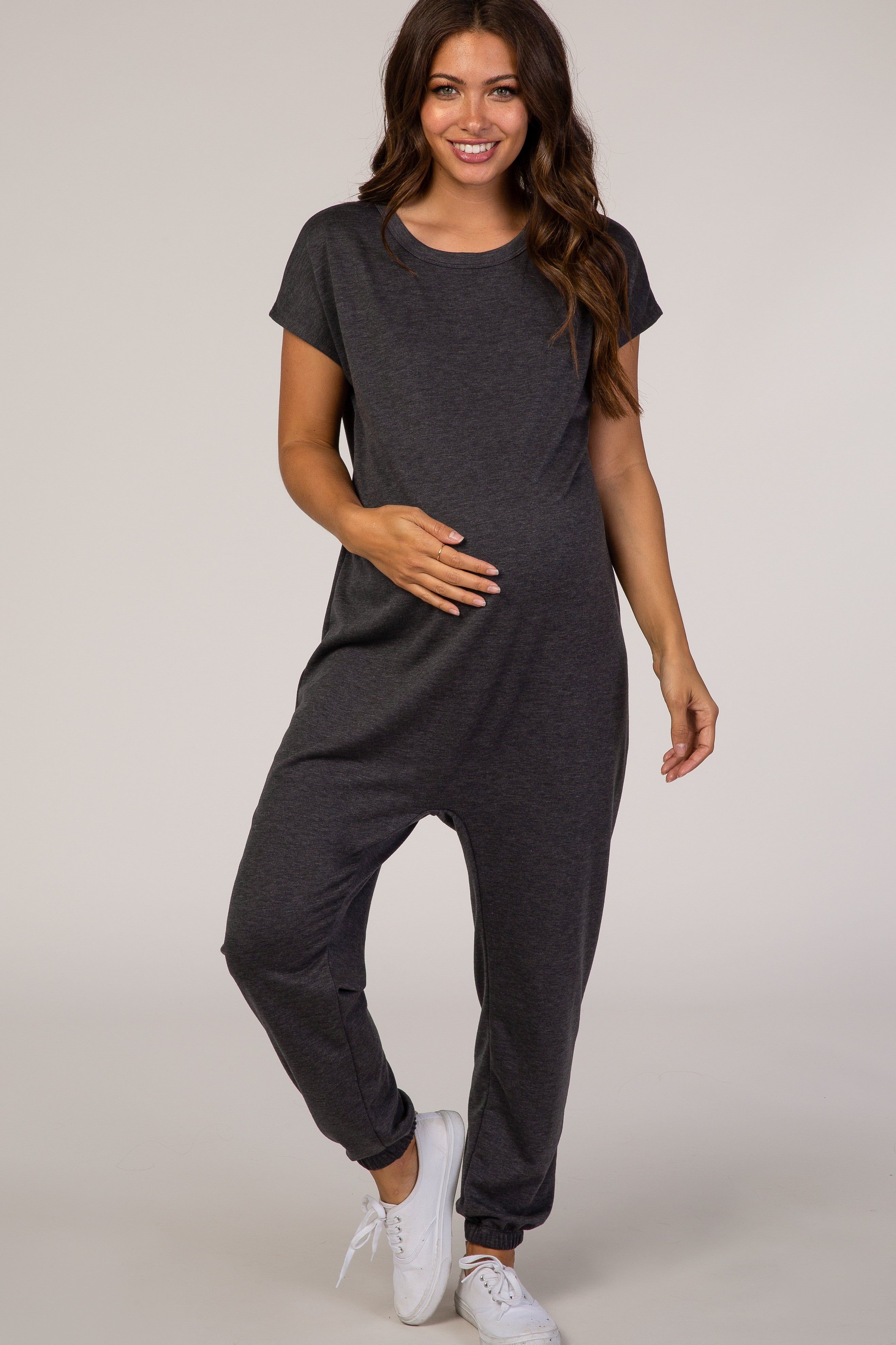 PinkBlush Charcoal Heathered Short Sleeve Maternity Jumpsuit sold by Pinkblush