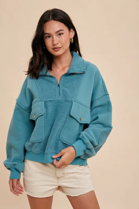 Teal Contrast Reversed Fleece 1/4 Zip Pullover made by Pinkblush