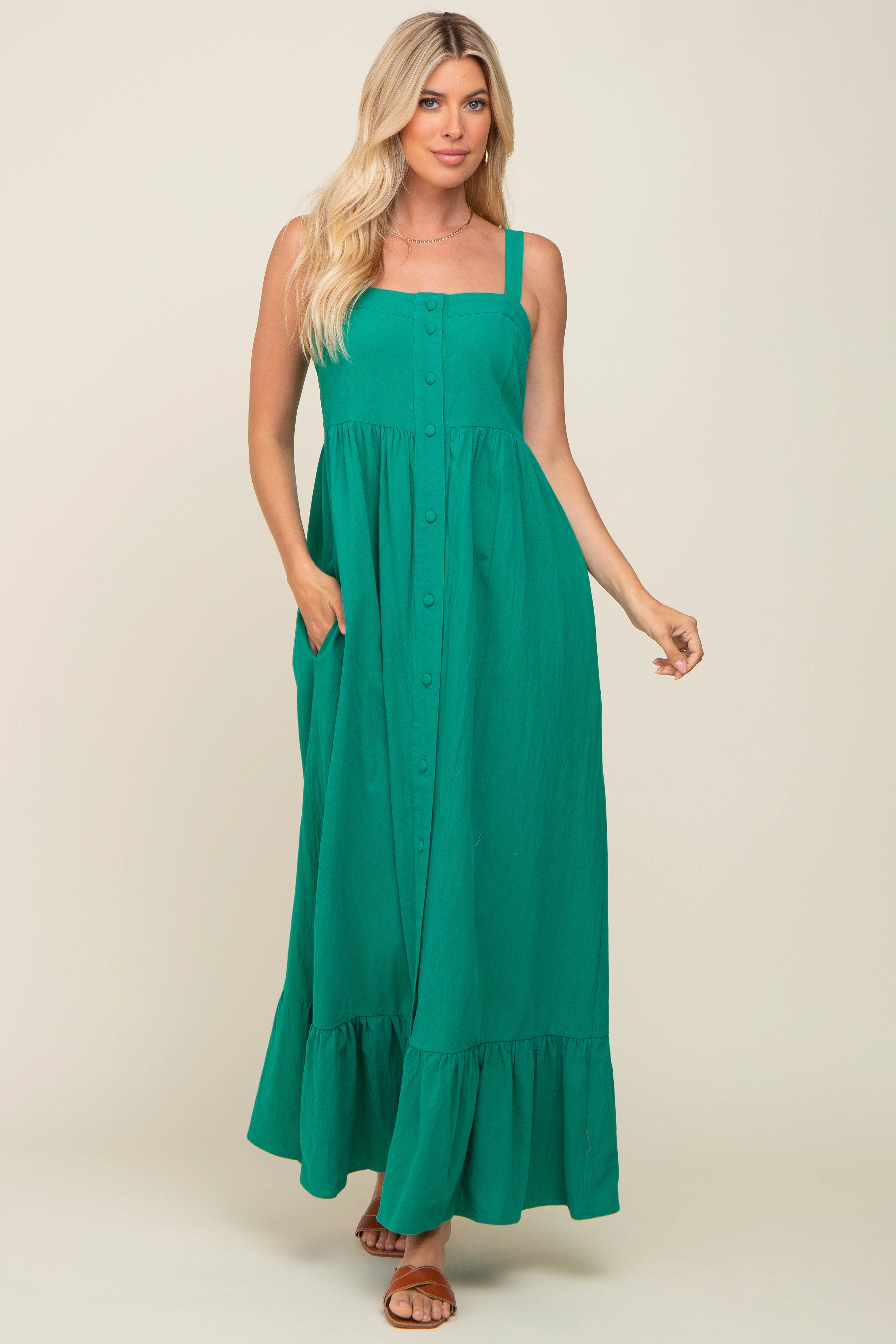 Green Front Button Sleeveless Maxi Dress sold by Pinkblush product image thumbnail 5