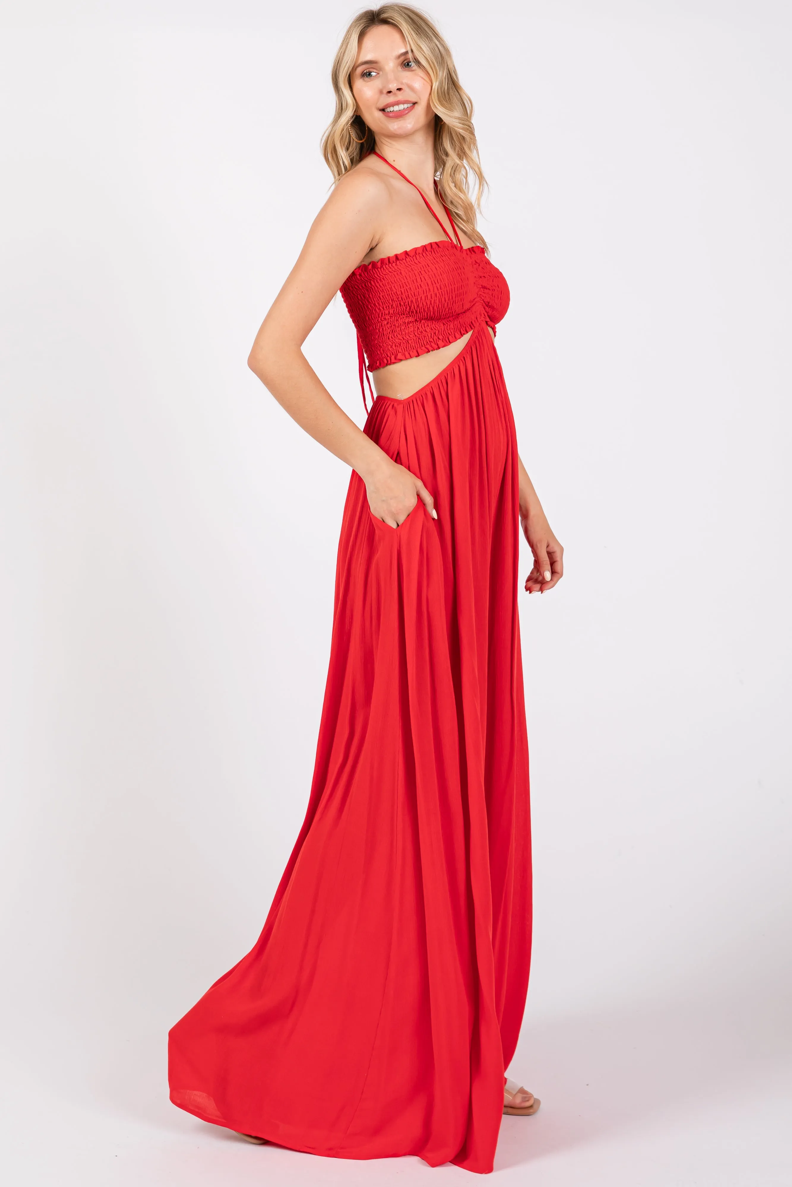 Red Smocked Drawstring Halter Side Cutout Jumpsuit sold by Pinkblush product image thumbnail 2