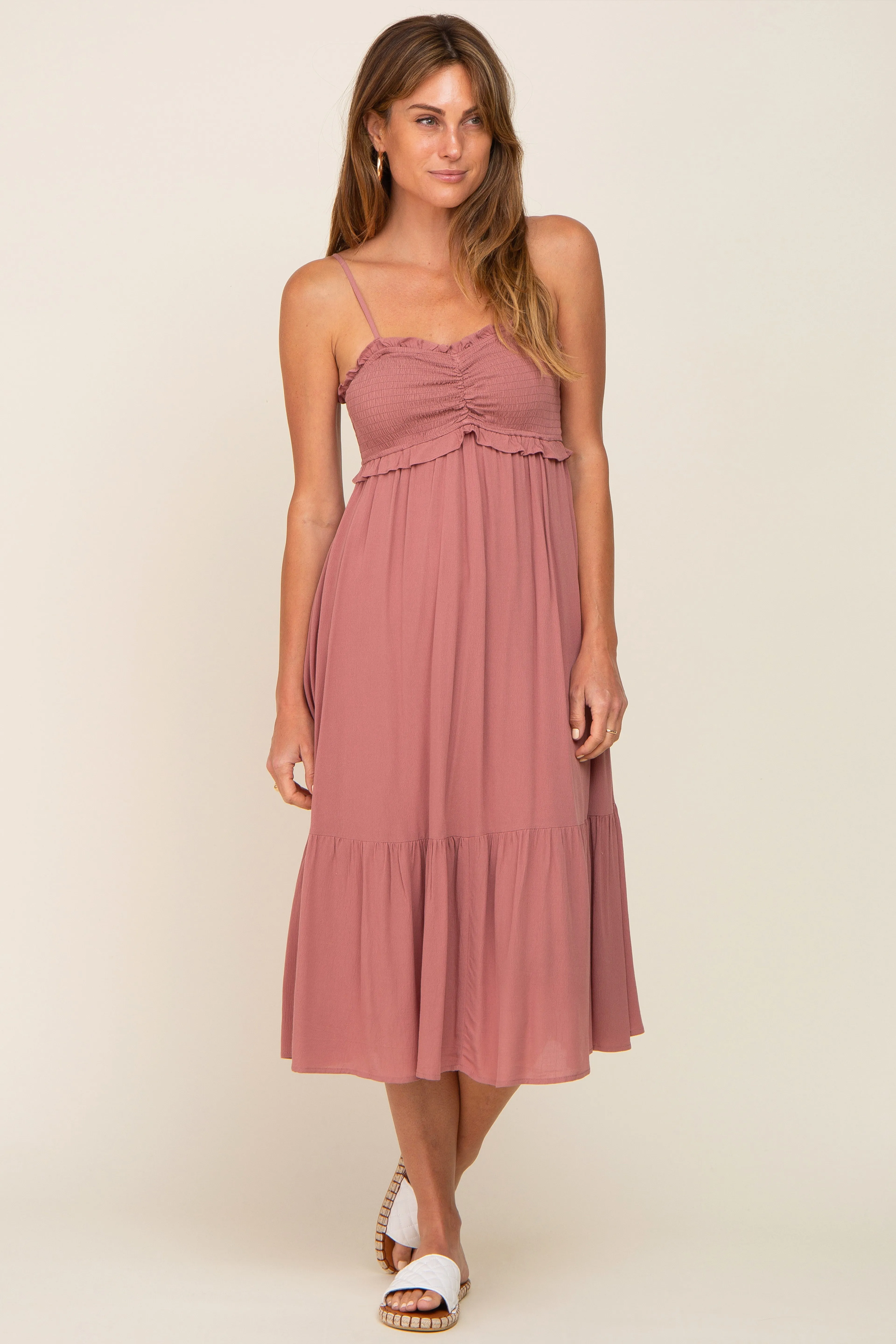 Mauve Smocked Ruffle Accent Maternity Midi Dress sold by Pinkblush product image thumbnail 5