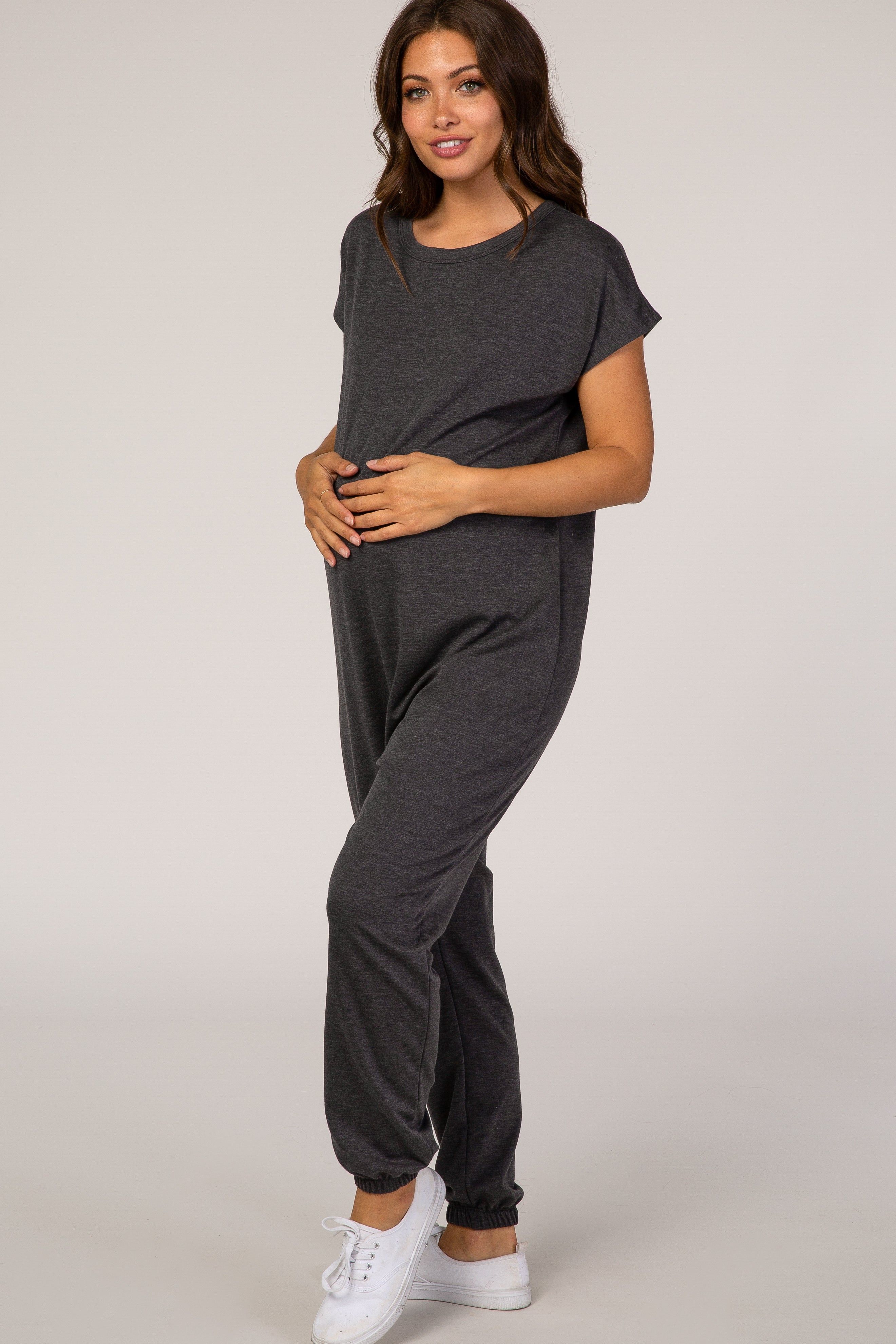 PinkBlush Charcoal Heathered Short Sleeve Maternity Jumpsuit sold by Pinkblush product image thumbnail 2