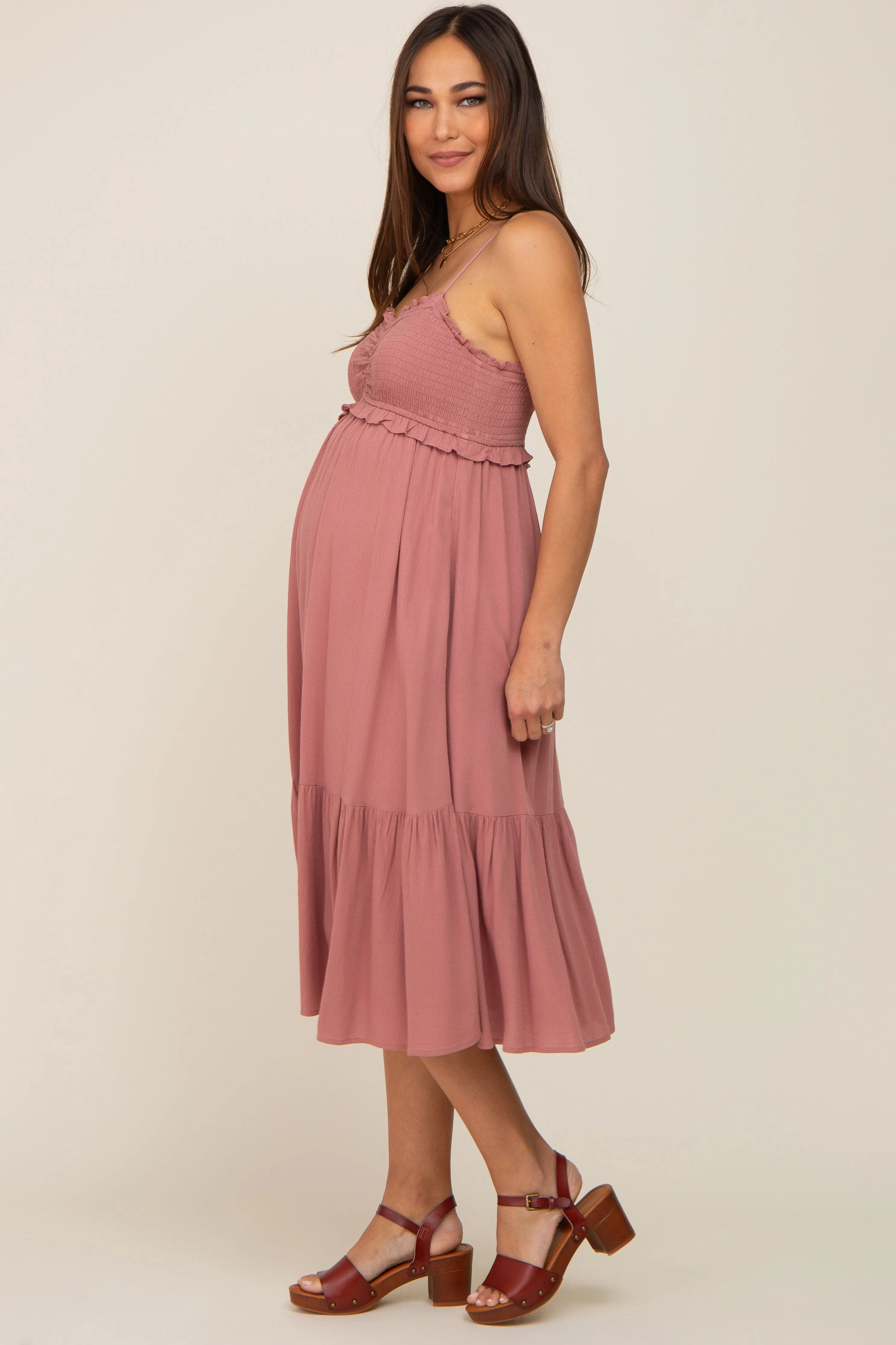 Mauve Smocked Ruffle Accent Maternity Midi Dress sold by Pinkblush product image thumbnail 2