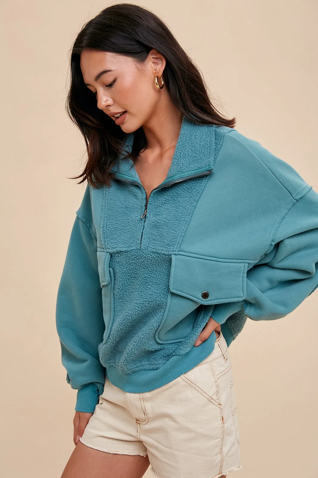 Teal Contrast Reversed Fleece 1/4 Zip Pullover sold by Pinkblush product image thumbnail 2