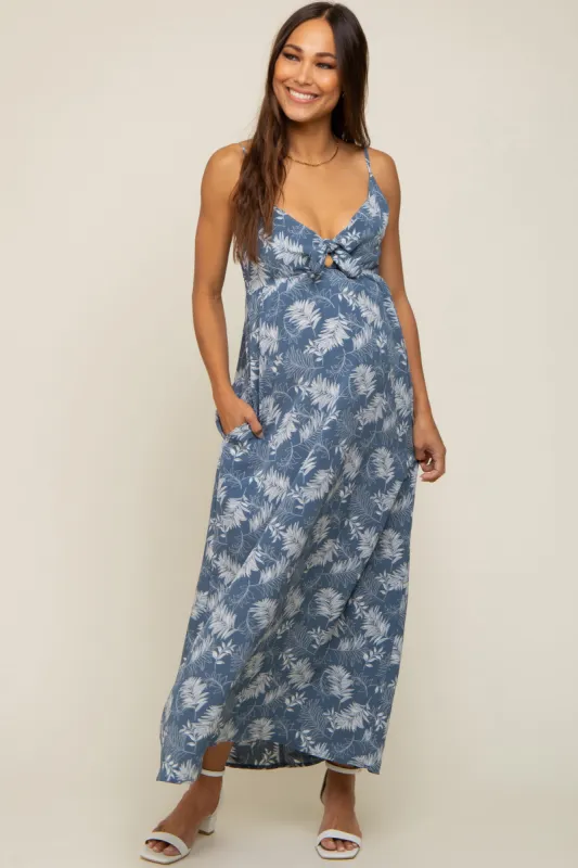 Blue Leaf Print Front Tie Maternity Maxi Dress sold by Pinkblush
