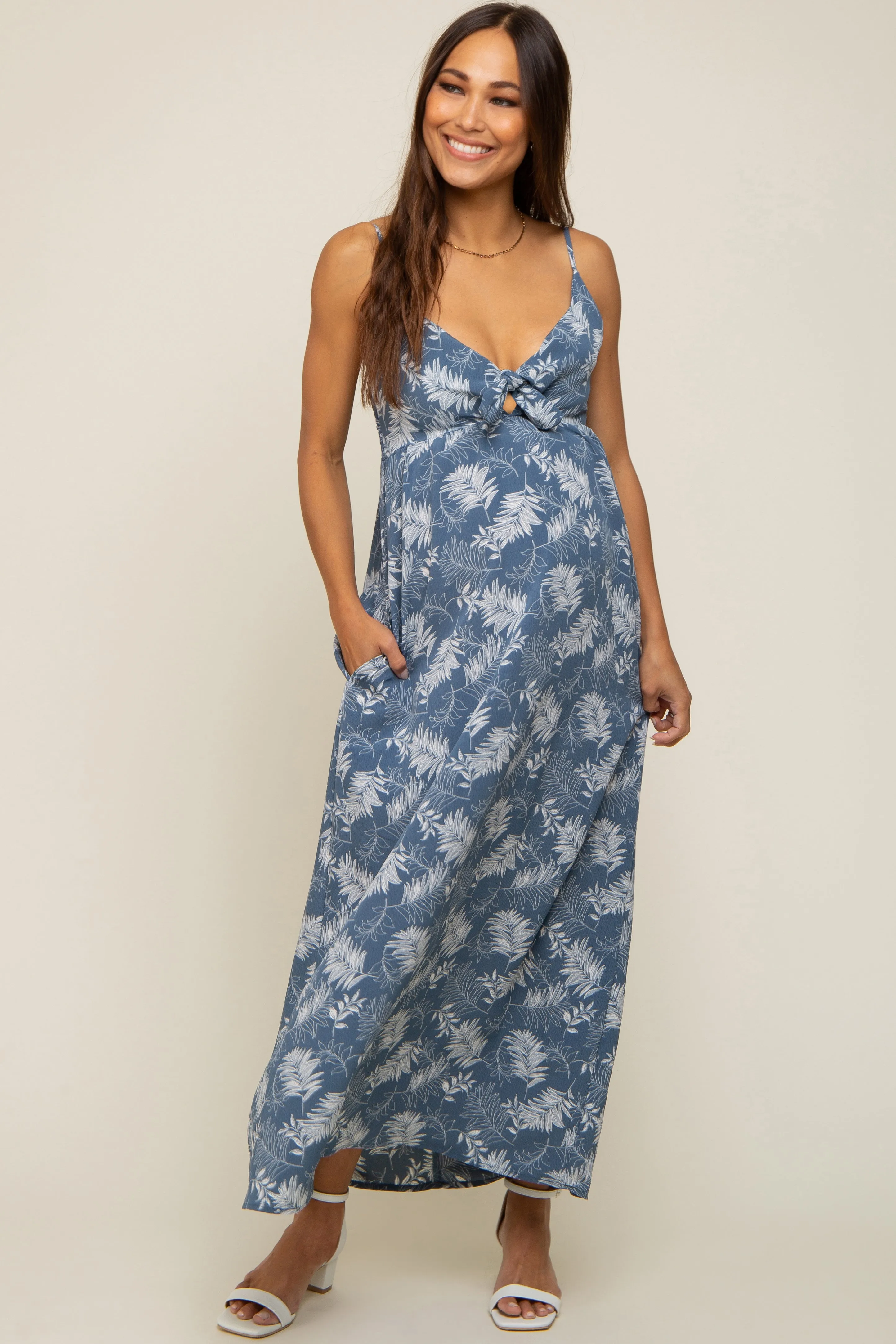 Blue Leaf Print Front Tie Maternity Maxi Dress sold by Pinkblush