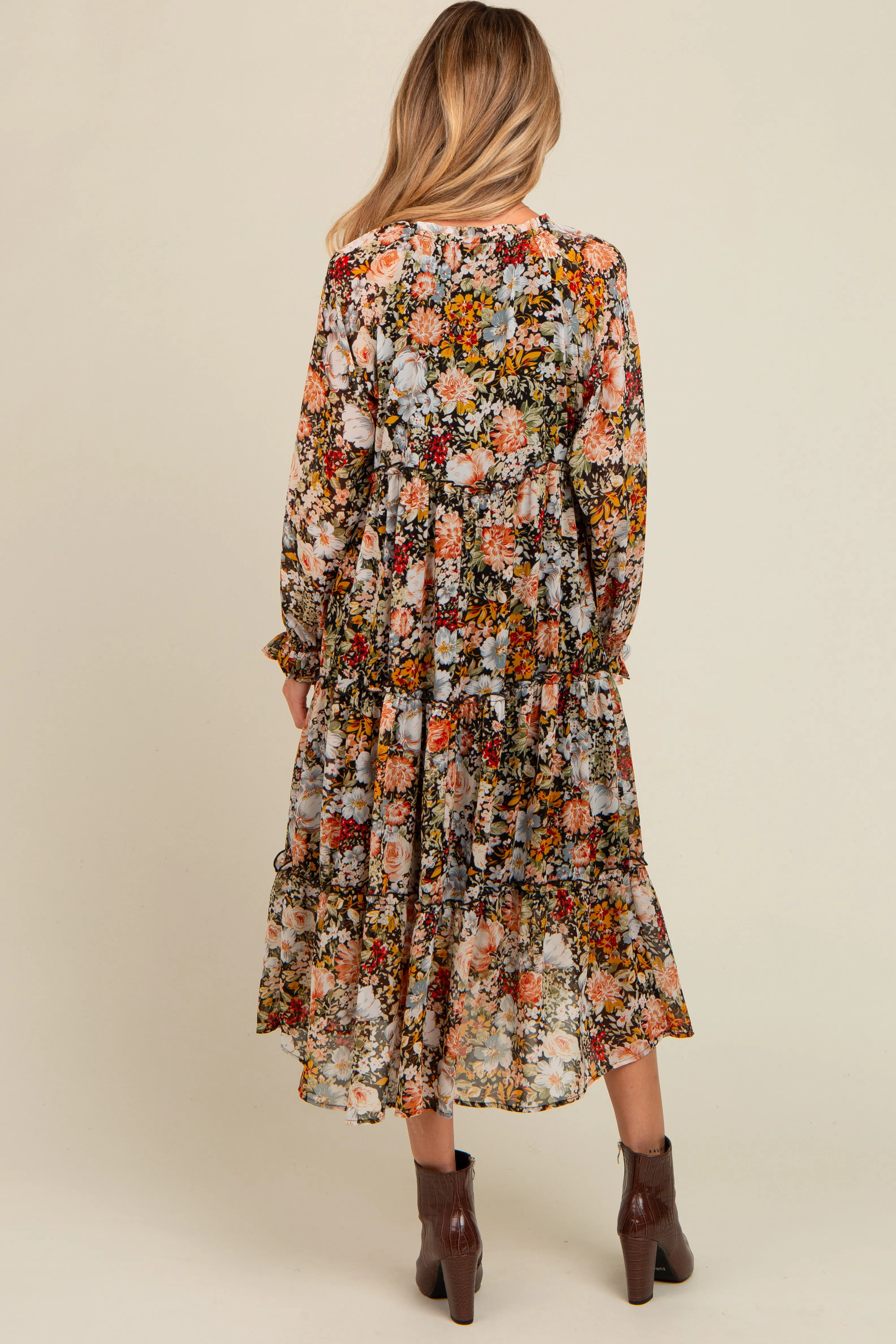 Black Floral Chiffon Front Tassel Tie Maternity Midi Dress sold by Pinkblush product image thumbnail 4