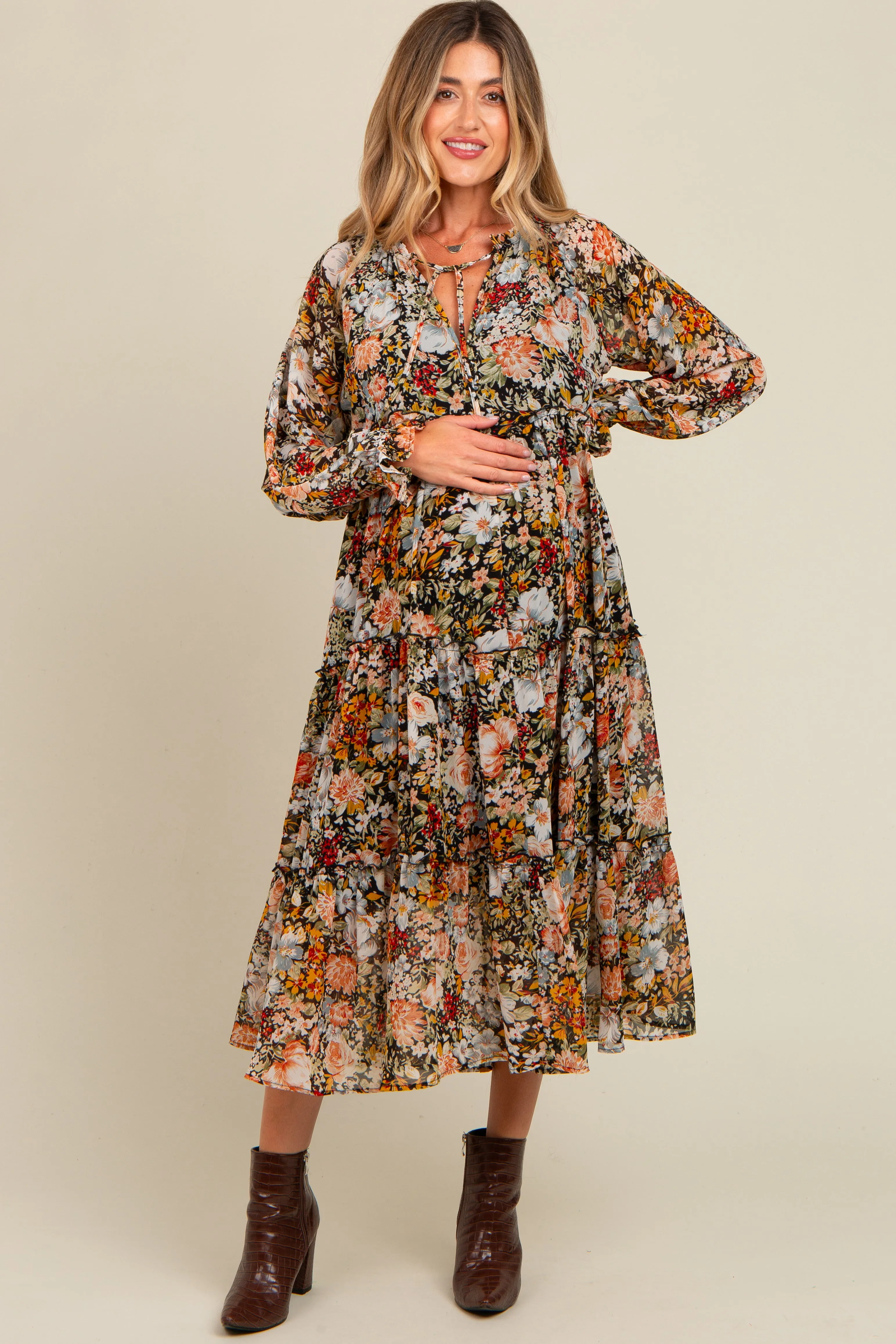 Black Floral Chiffon Front Tassel Tie Maternity Midi Dress sold by Pinkblush