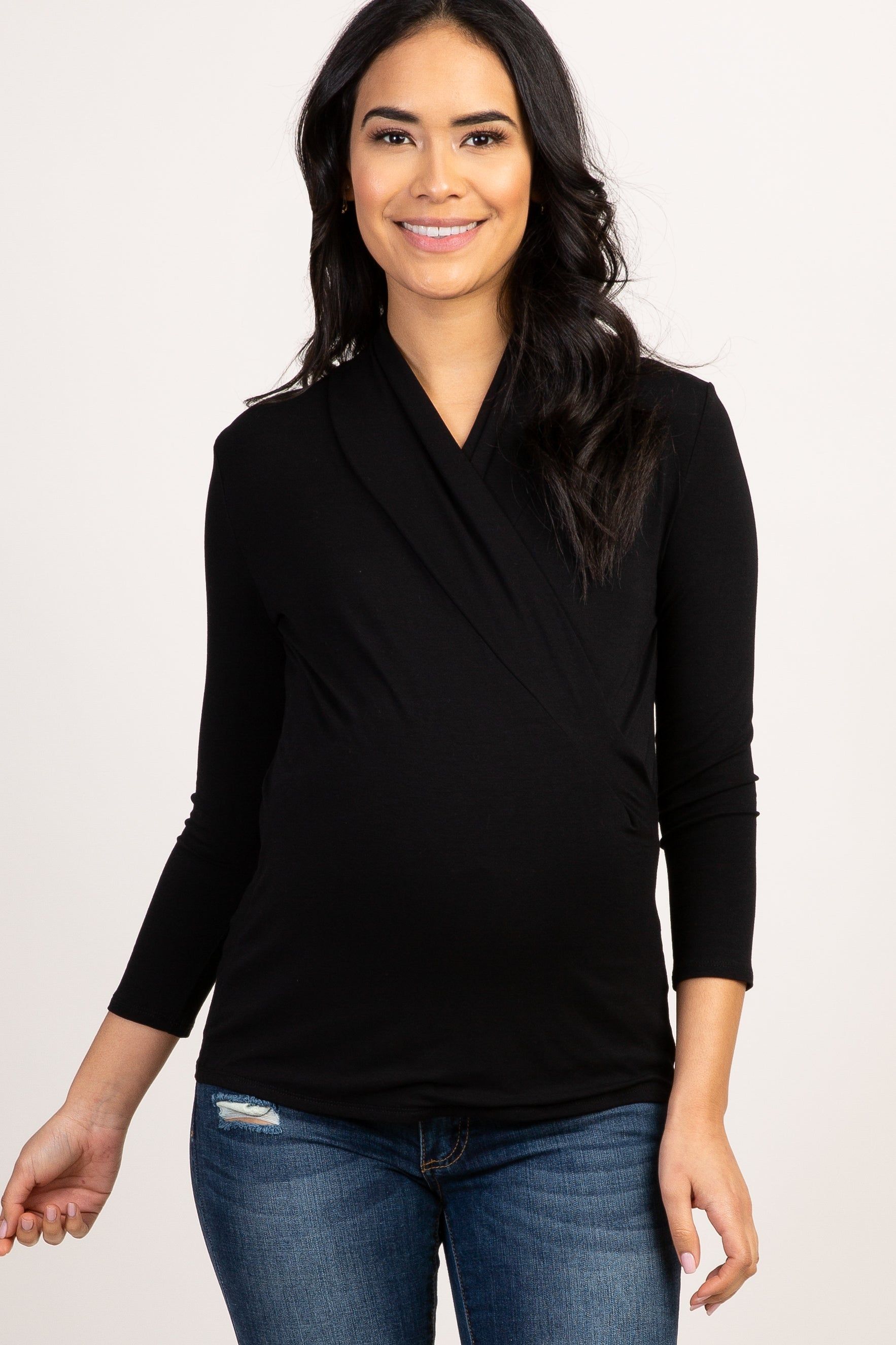 Black 3/4 Sleeve Wrap Nursing Top sold by Pinkblush