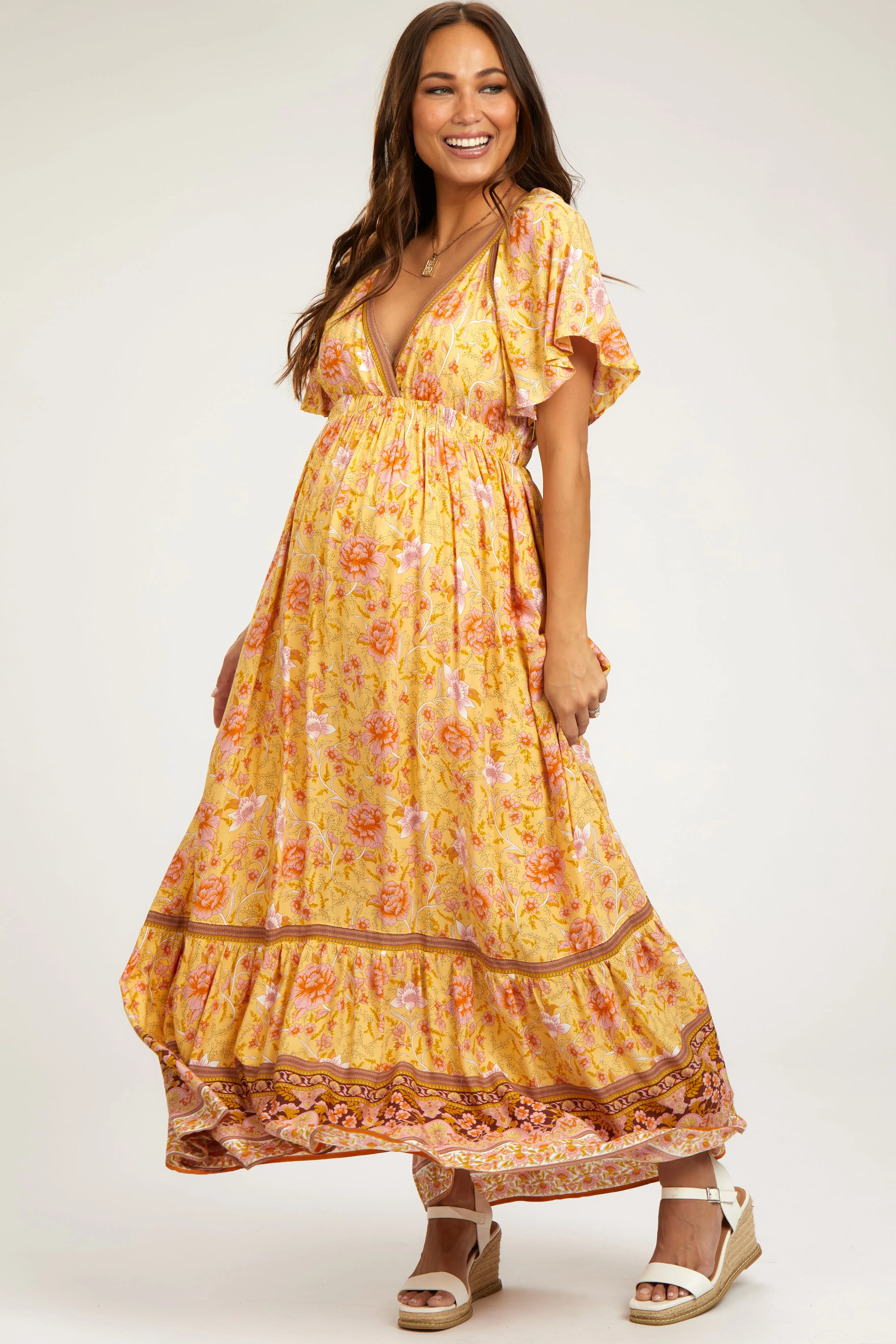Yellow Floral Flounce Sleeve Maternity Maxi Dress sold by Pinkblush product image thumbnail 2
