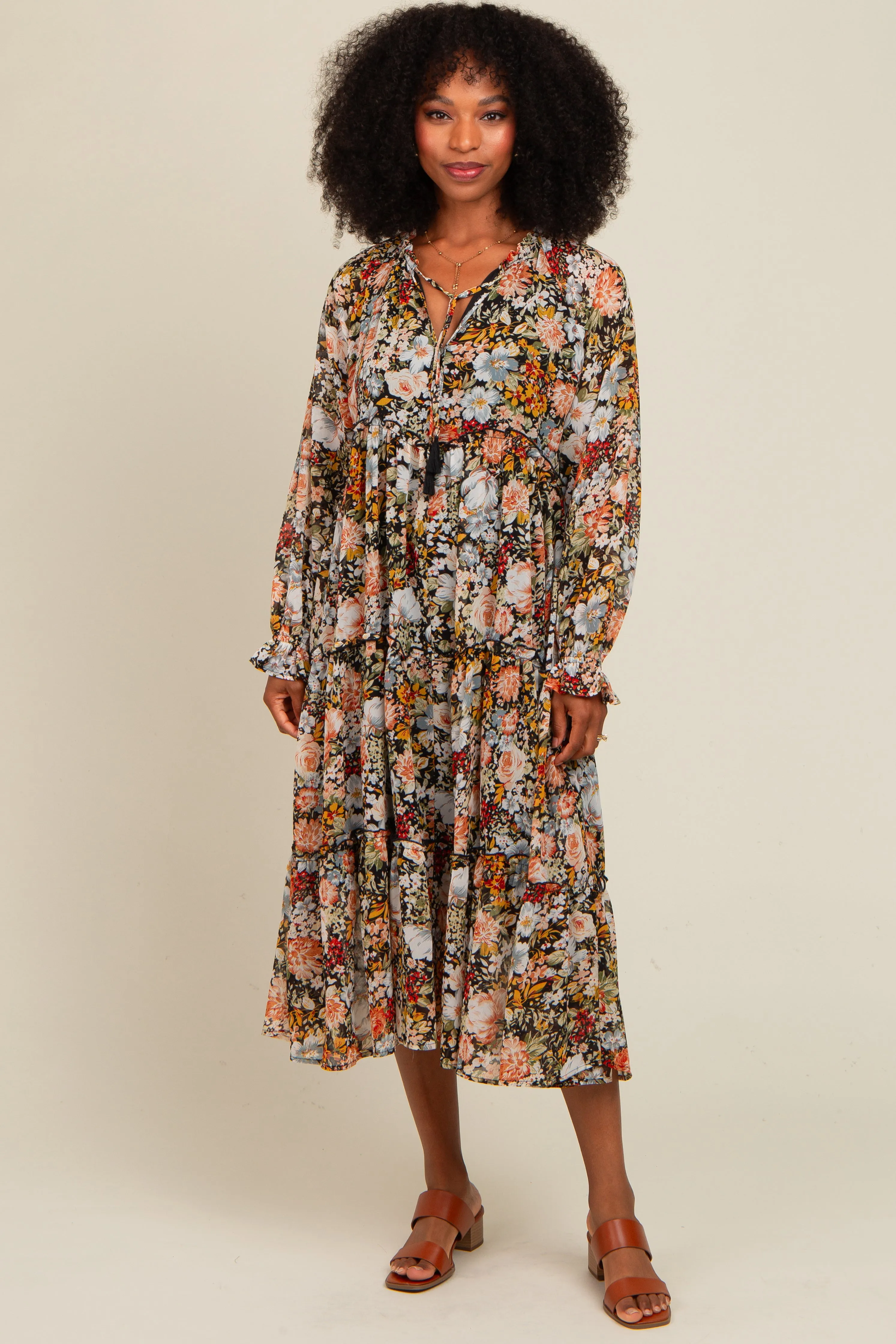 Black Floral Chiffon Front Tassel Tie Maternity Midi Dress sold by Pinkblush product image thumbnail 5