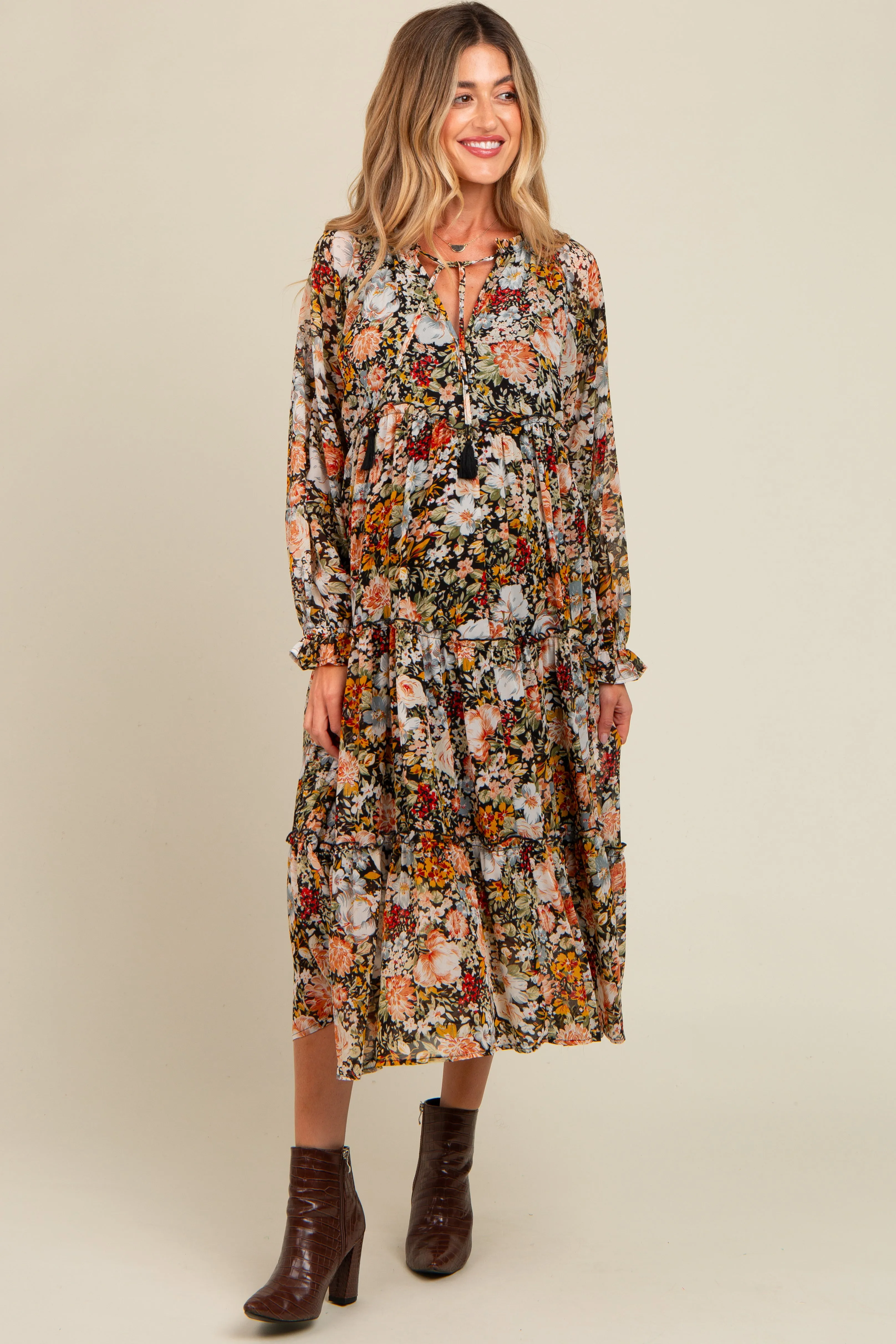 Black Floral Chiffon Front Tassel Tie Maternity Midi Dress sold by Pinkblush product image thumbnail 2