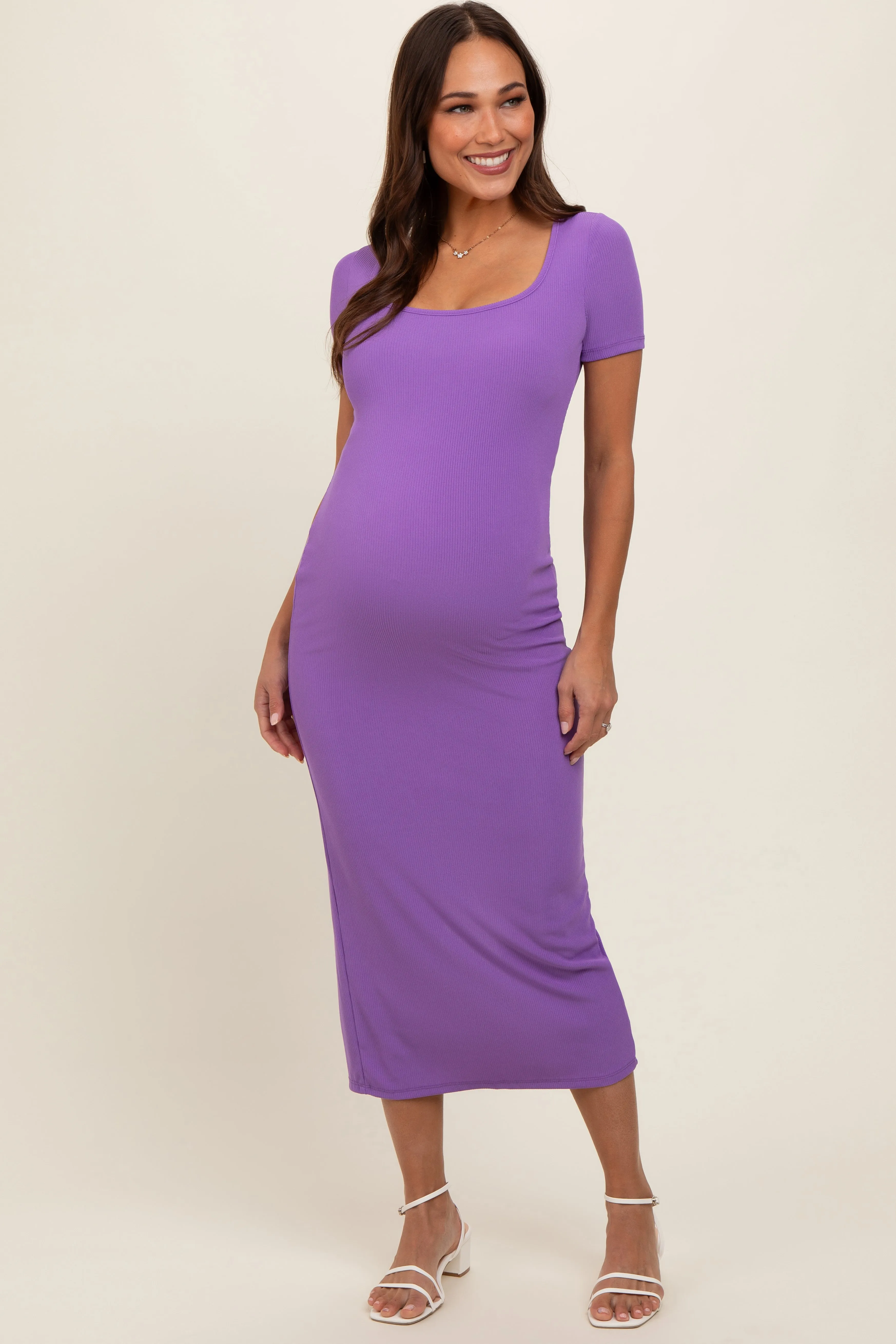 Purple Ribbed Fitted Maternity Midi Dress sold by Pinkblush