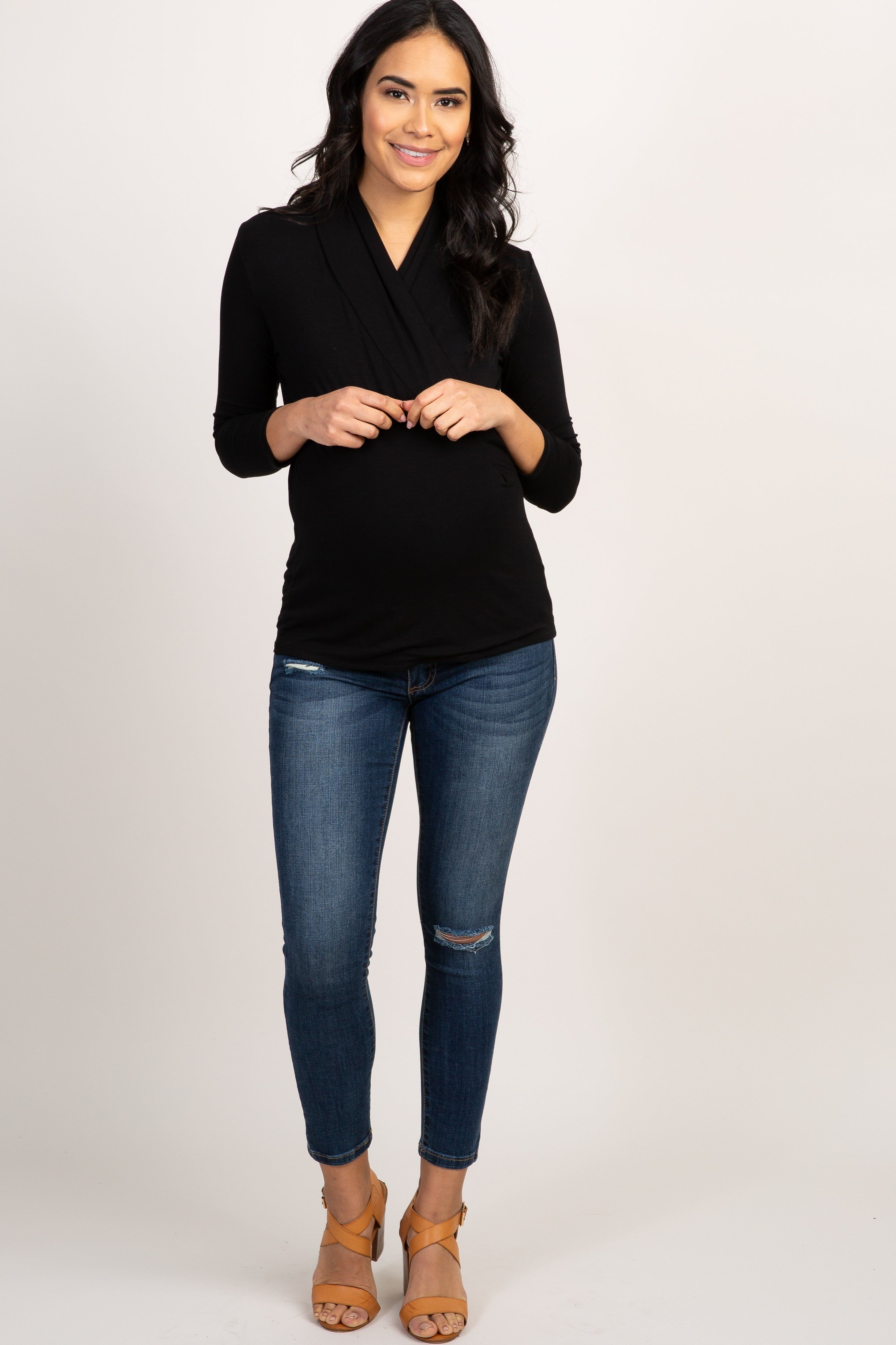 Black 3/4 Sleeve Wrap Nursing Top sold by Pinkblush product image thumbnail 2