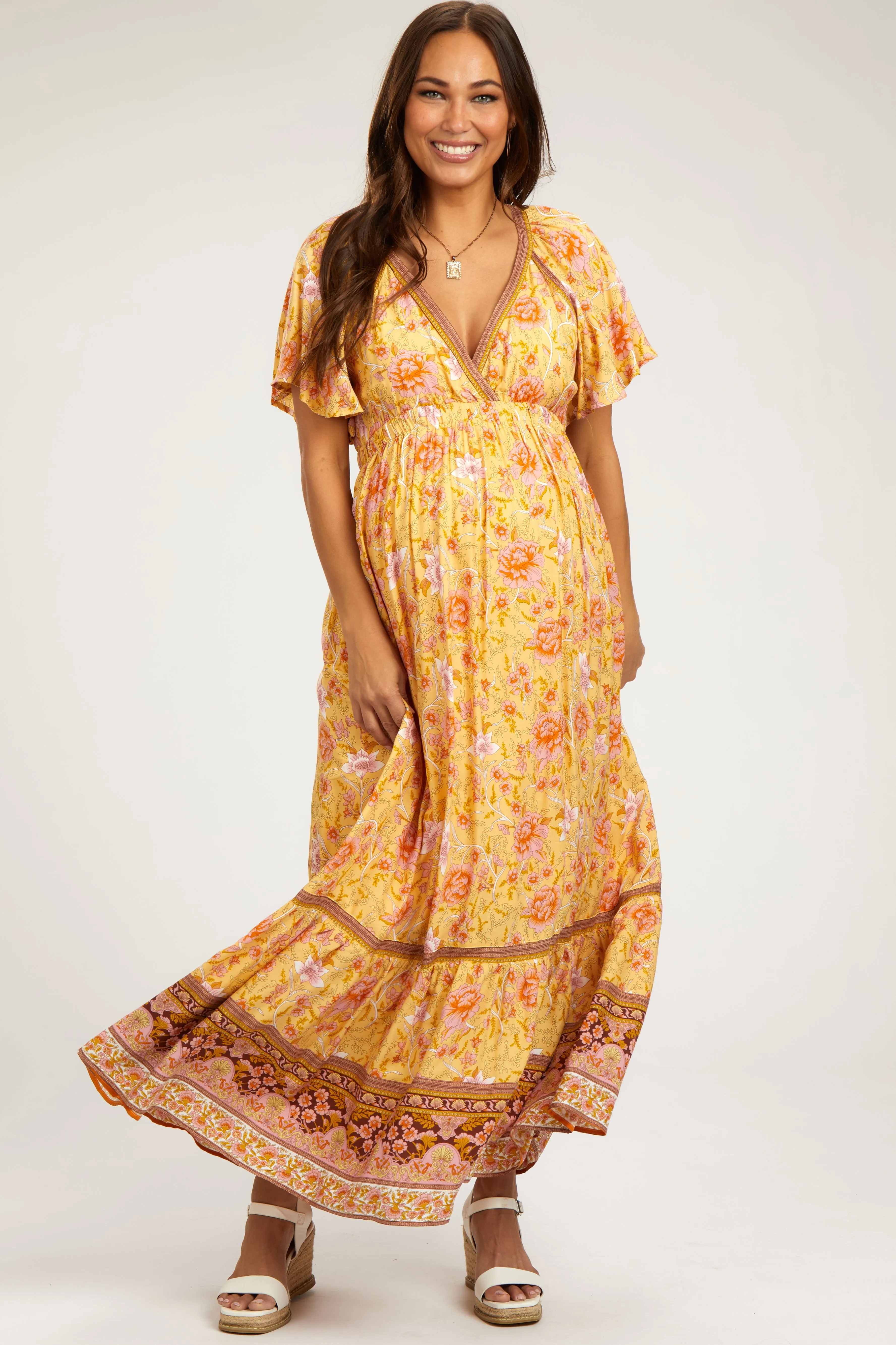 Yellow Floral Flounce Sleeve Maternity Maxi Dress sold by Pinkblush