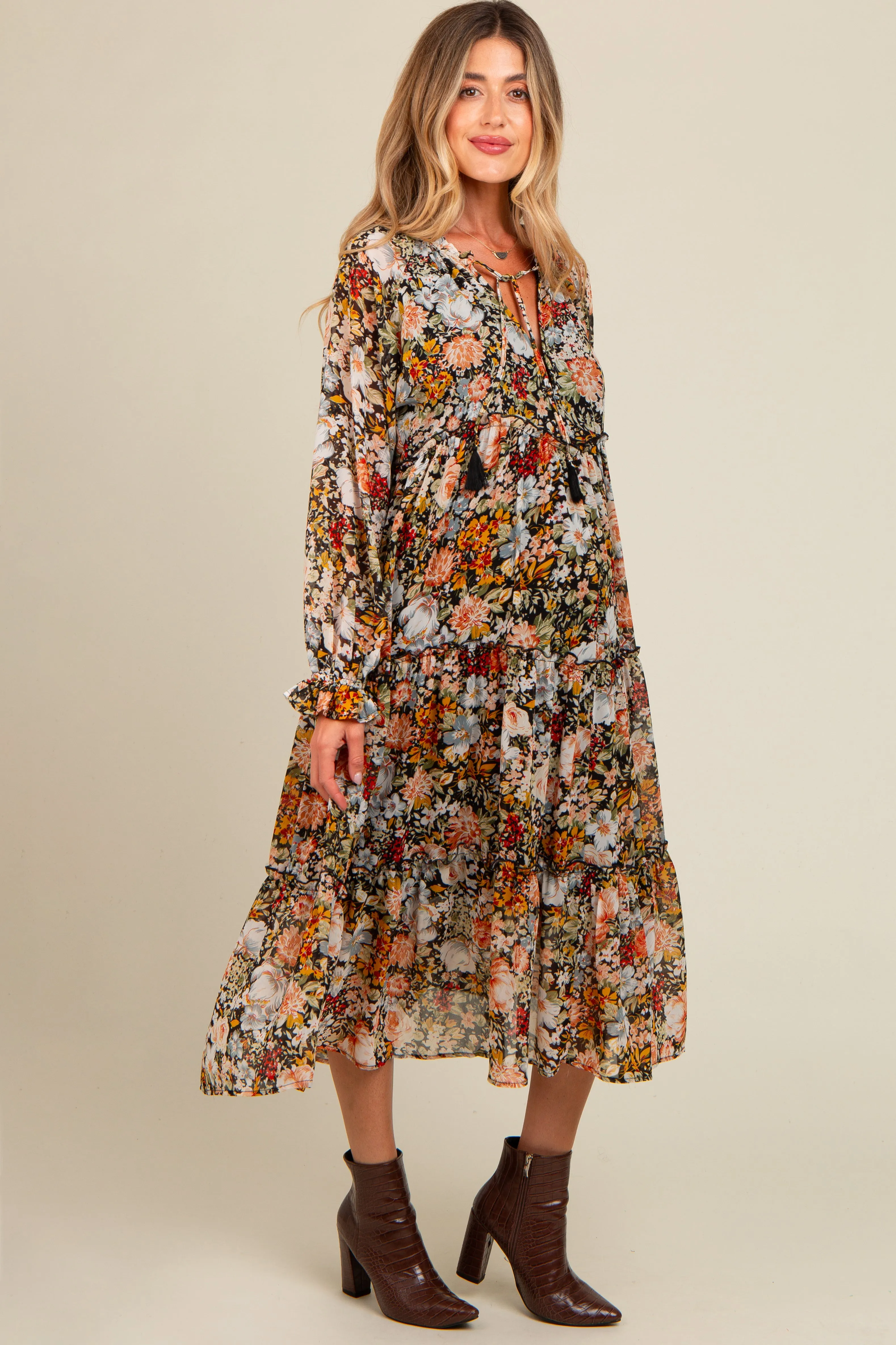 Black Floral Chiffon Front Tassel Tie Maternity Midi Dress sold by Pinkblush product image thumbnail 3