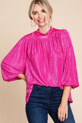 Fuchsia Textured Mock Neck Blouse sold by Pinkblush