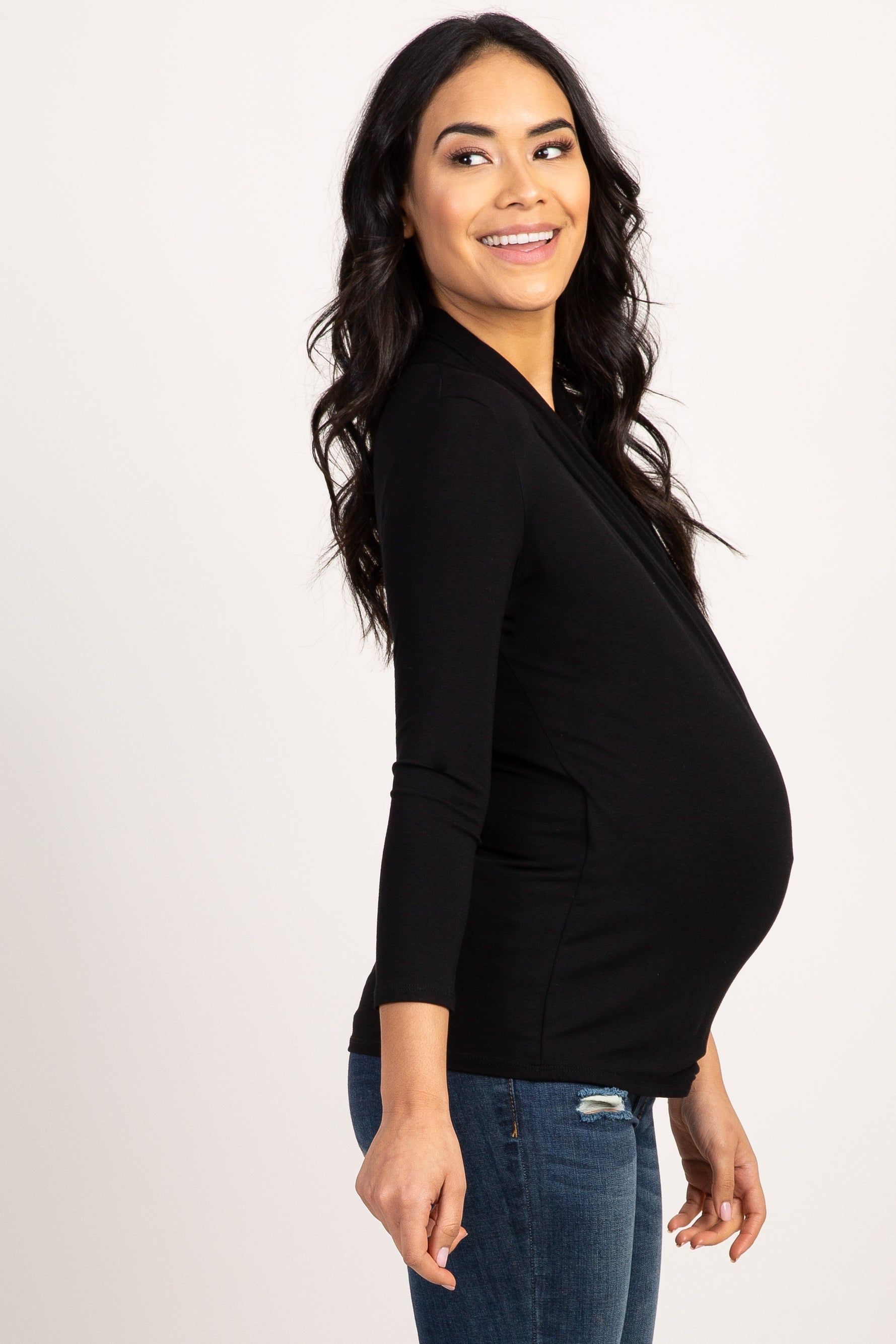 Black 3/4 Sleeve Wrap Nursing Top sold by Pinkblush product image thumbnail 3
