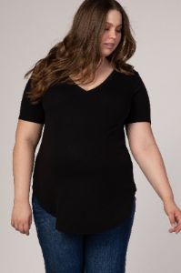 Black V-Neck Short Sleeve Maternity Plus Top sold by Pinkblush
