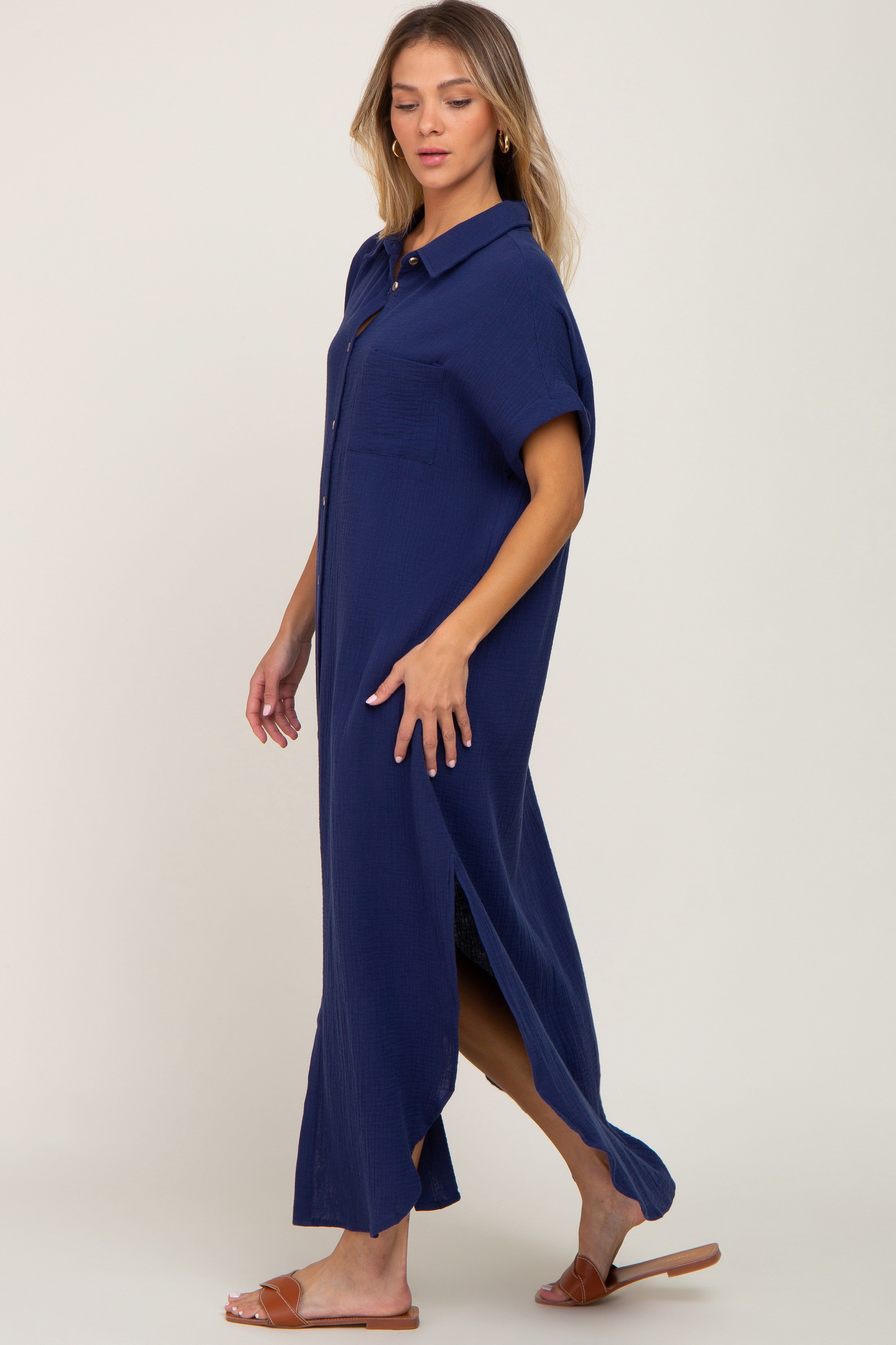 Navy Button Down Midi Dress sold by Pinkblush product image thumbnail 2