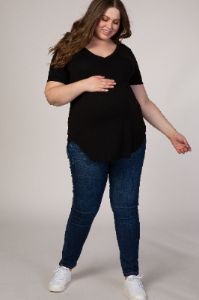 Black V-Neck Short Sleeve Maternity Plus Top sold by Pinkblush