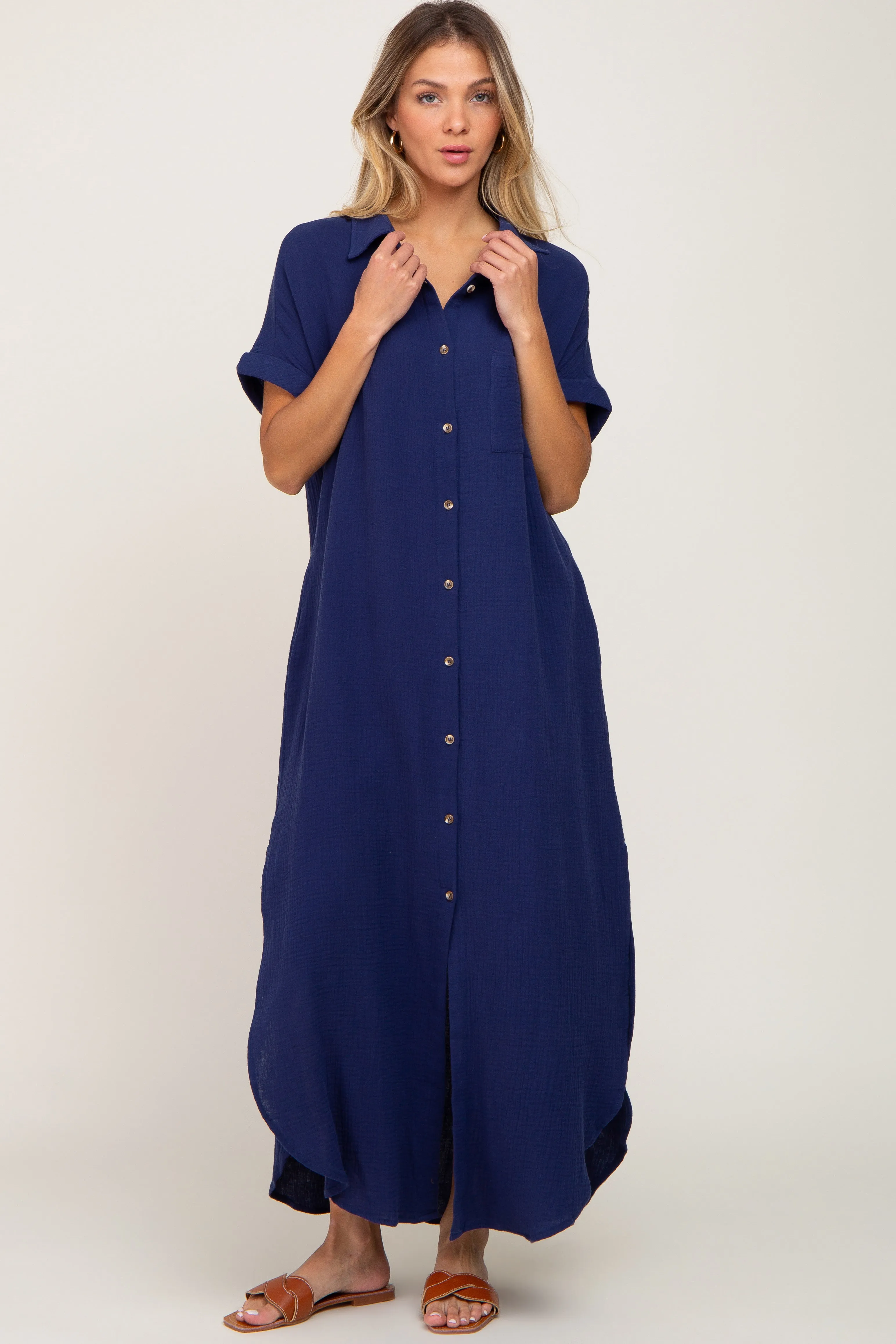 Navy Button Down Midi Dress sold by Pinkblush product image thumbnail 4
