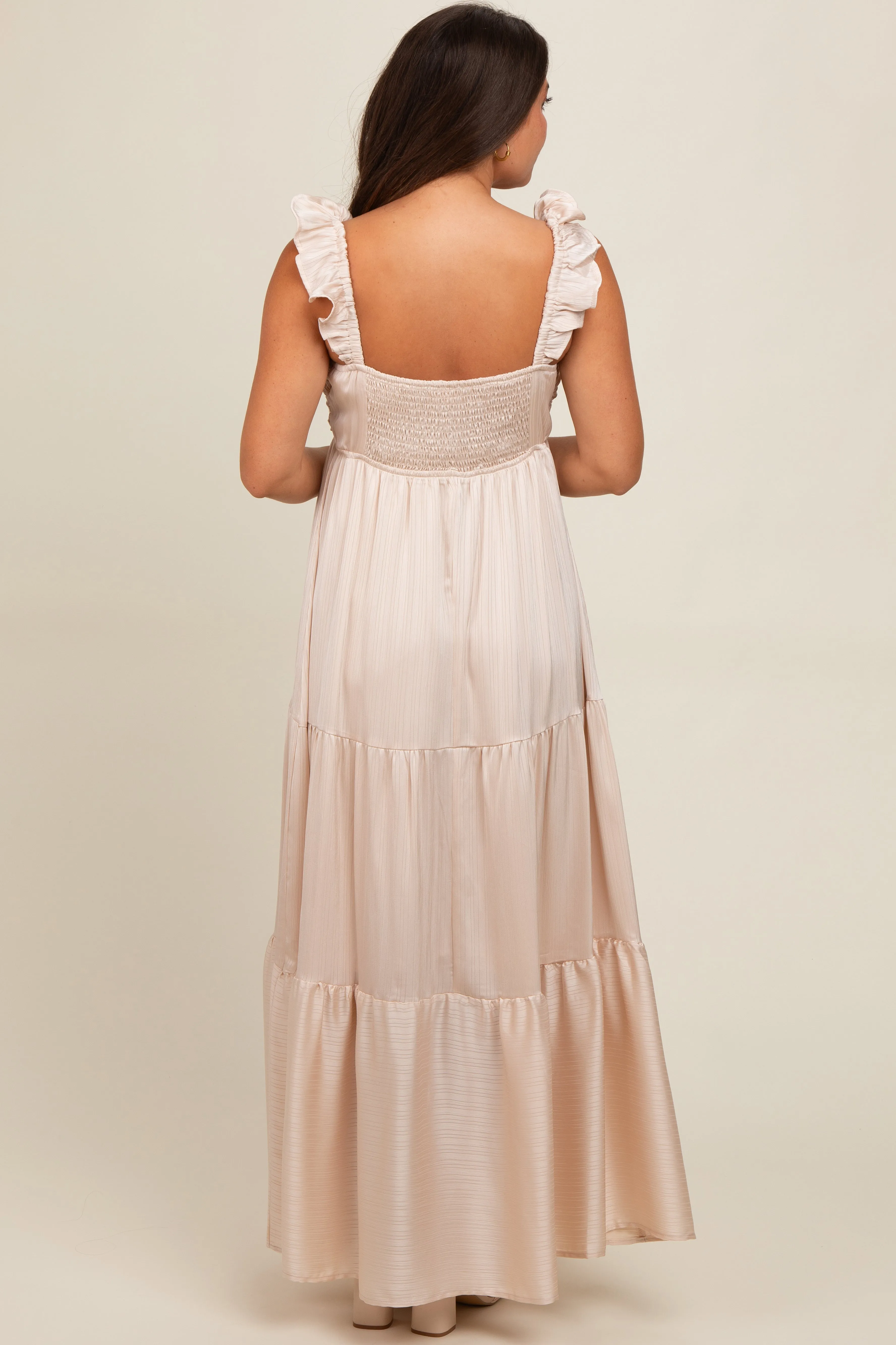 Cream Satin Ruffle Strap Tiered Maternity Maxi Dress sold by Pinkblush product image thumbnail 3