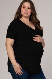Black V-Neck Short Sleeve Maternity Plus Top sold by Pinkblush