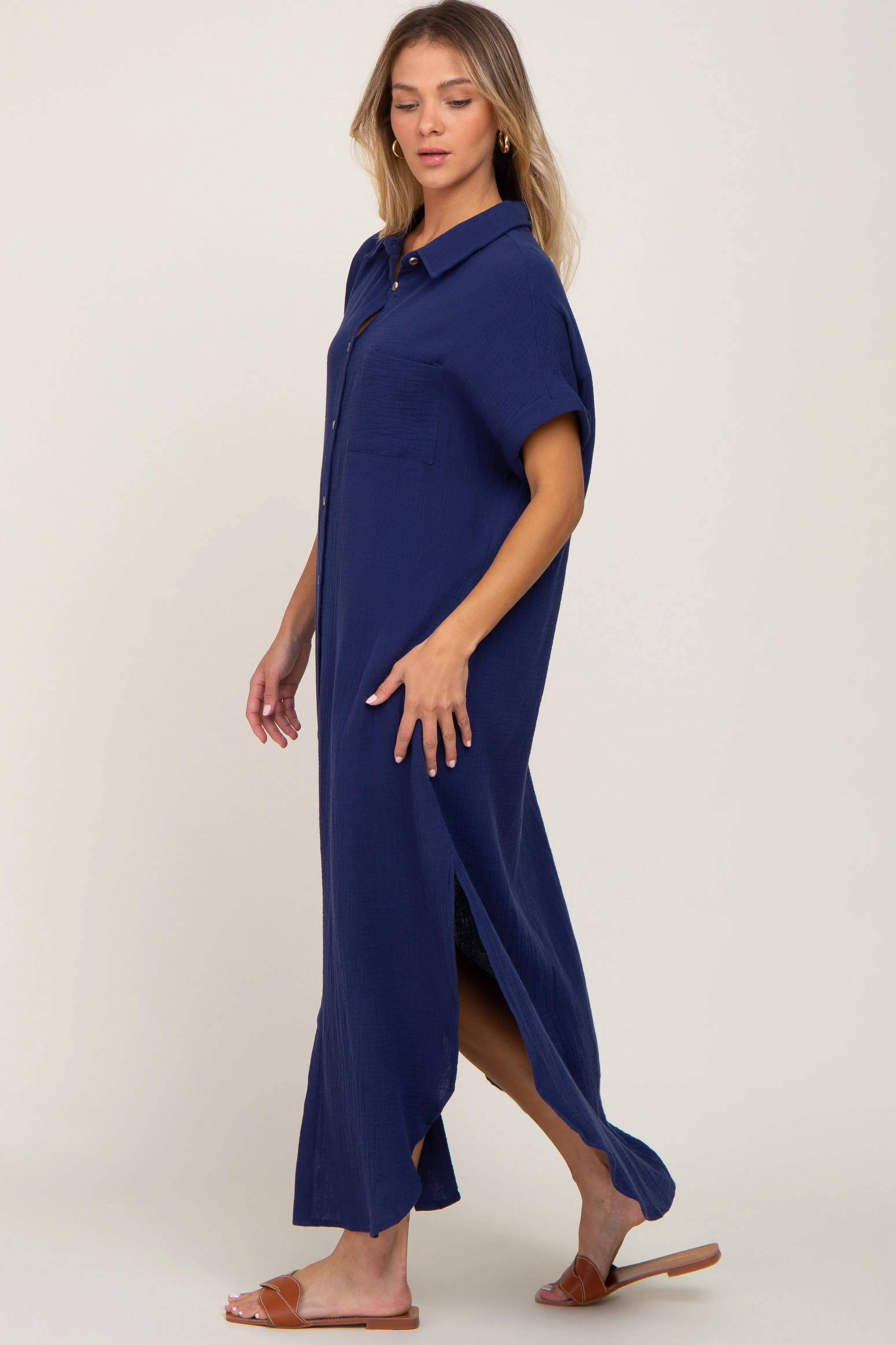 Navy Button Down Midi Dress sold by Pinkblush product image thumbnail 2