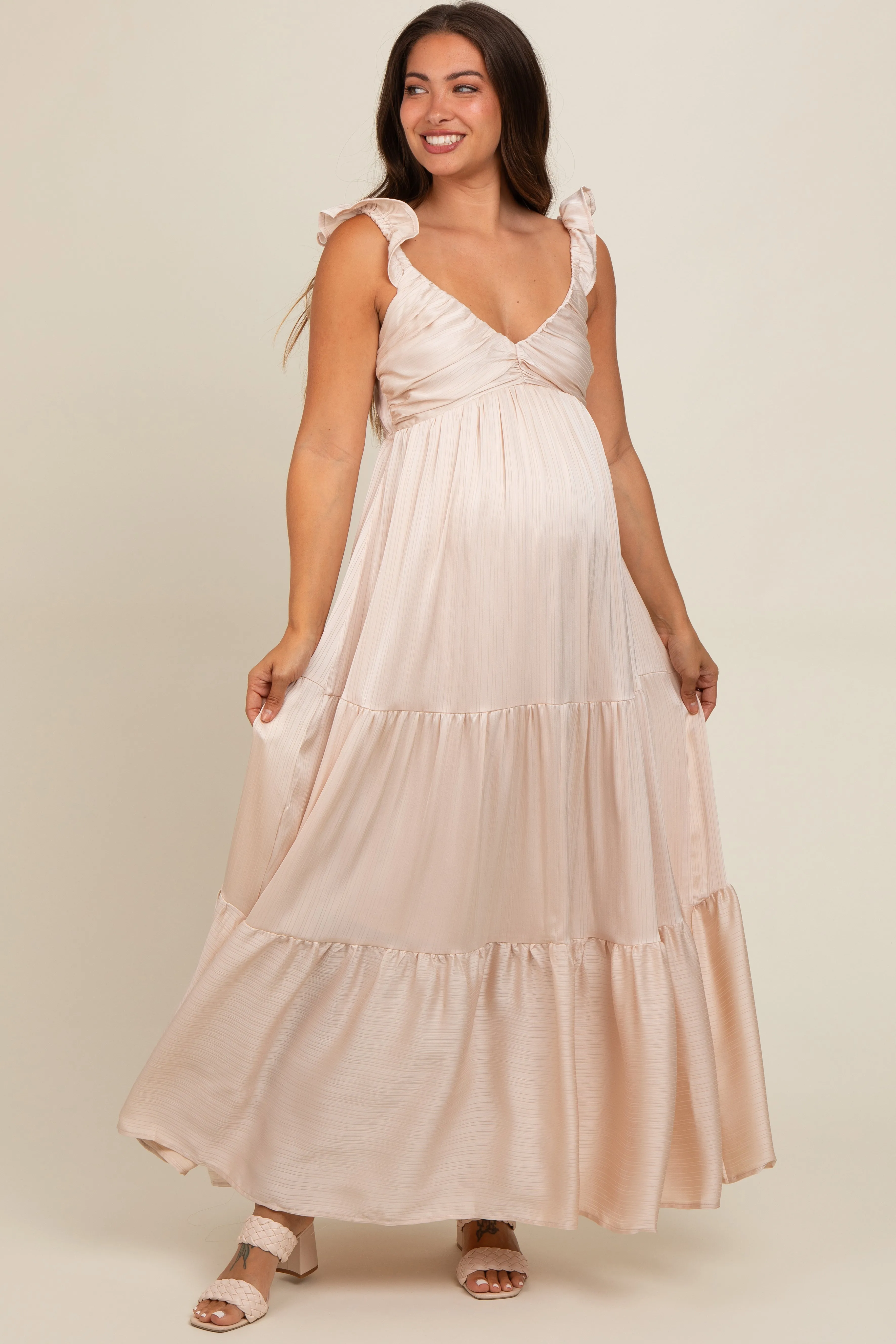 Cream Satin Ruffle Strap Tiered Maternity Maxi Dress sold by Pinkblush