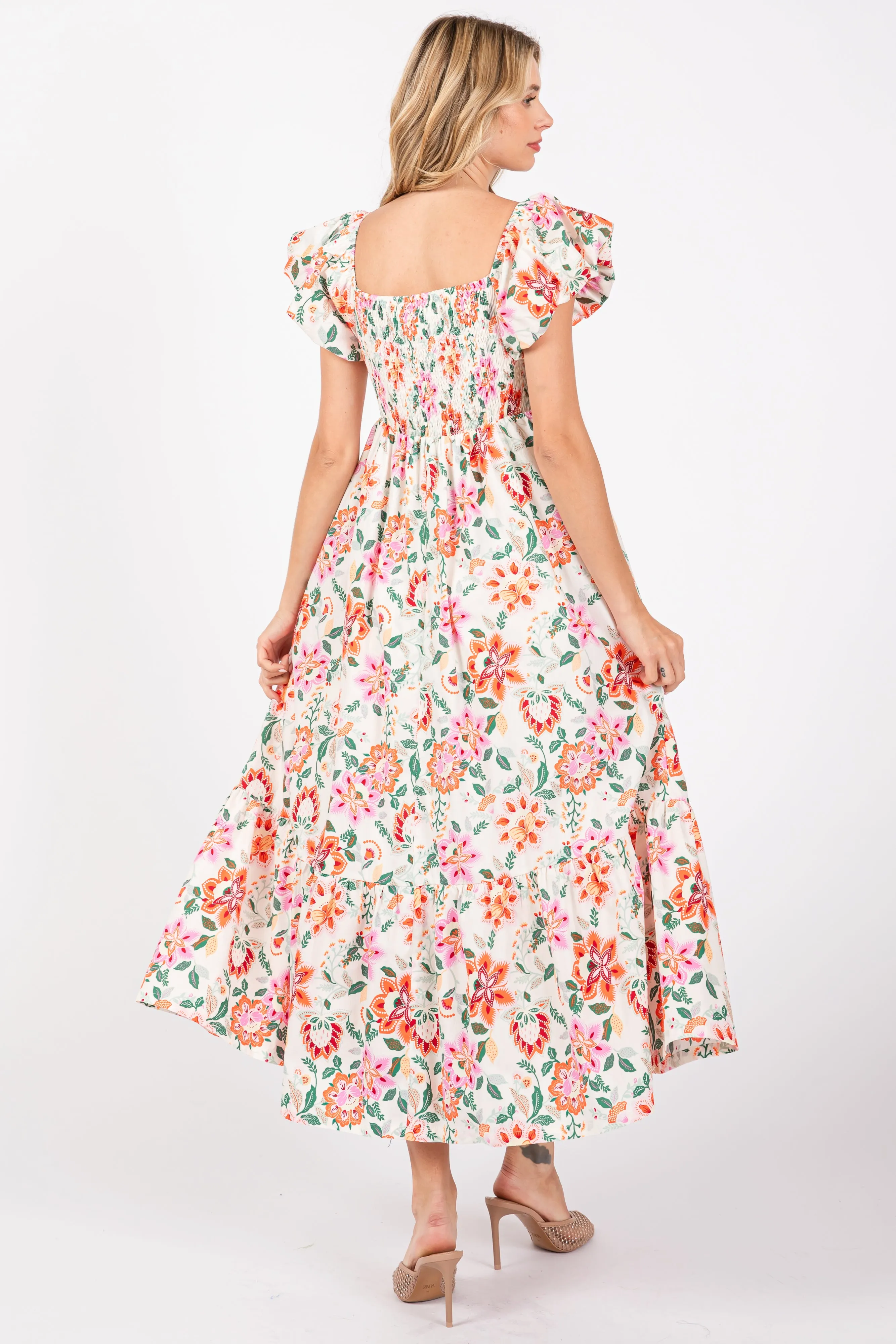 Cream Floral Square Neck Puffy Sleeves Dress sold by Pinkblush product image thumbnail 3
