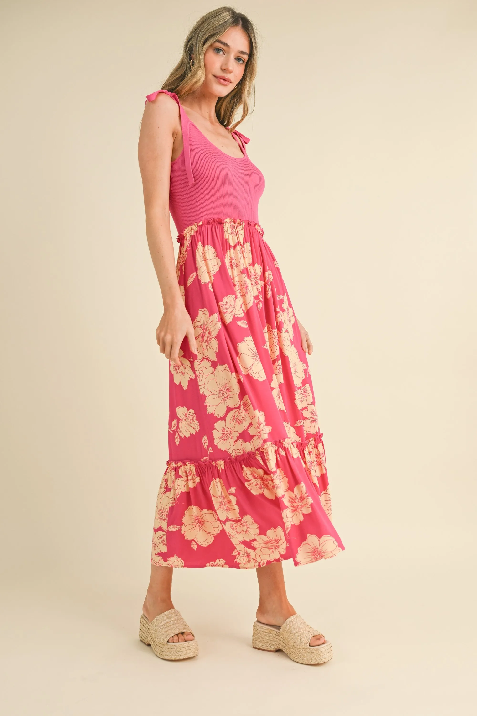 Fuchsia Floral Colorblock Midi Dress sold by Pinkblush product image thumbnail 3