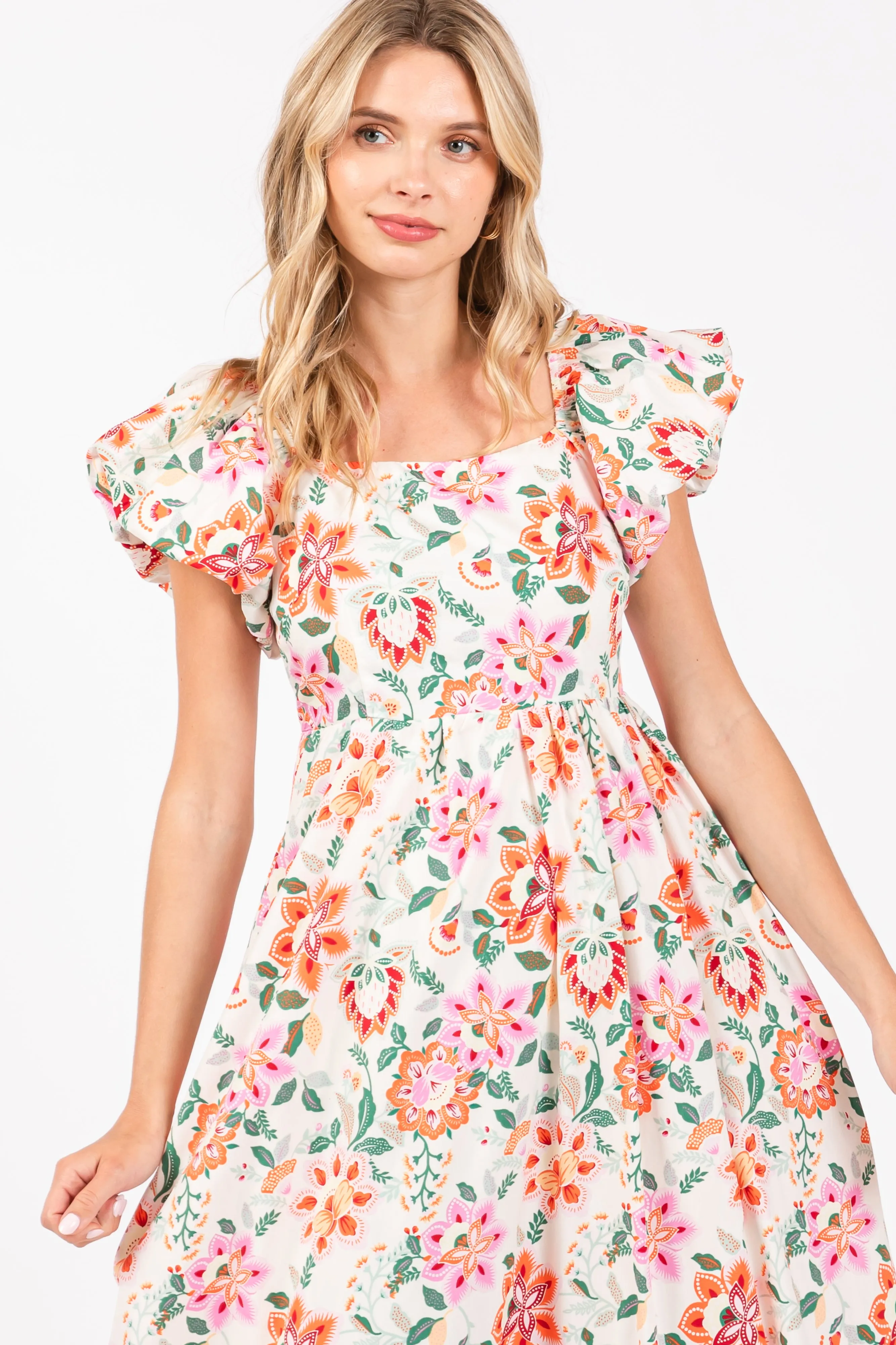 Cream Floral Square Neck Puffy Sleeves Dress sold by Pinkblush product image thumbnail 4