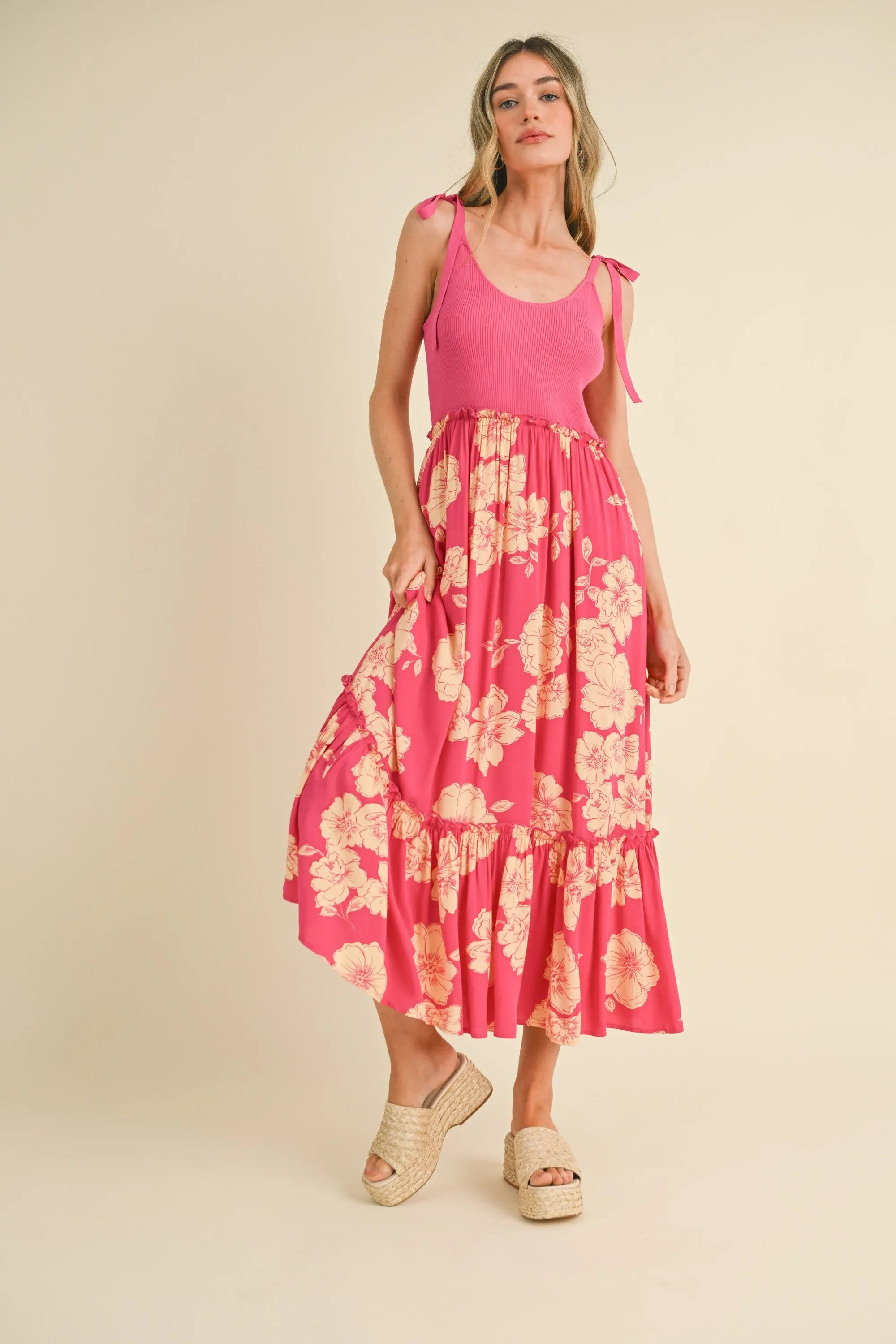 Fuchsia Floral Colorblock Midi Dress sold by Pinkblush