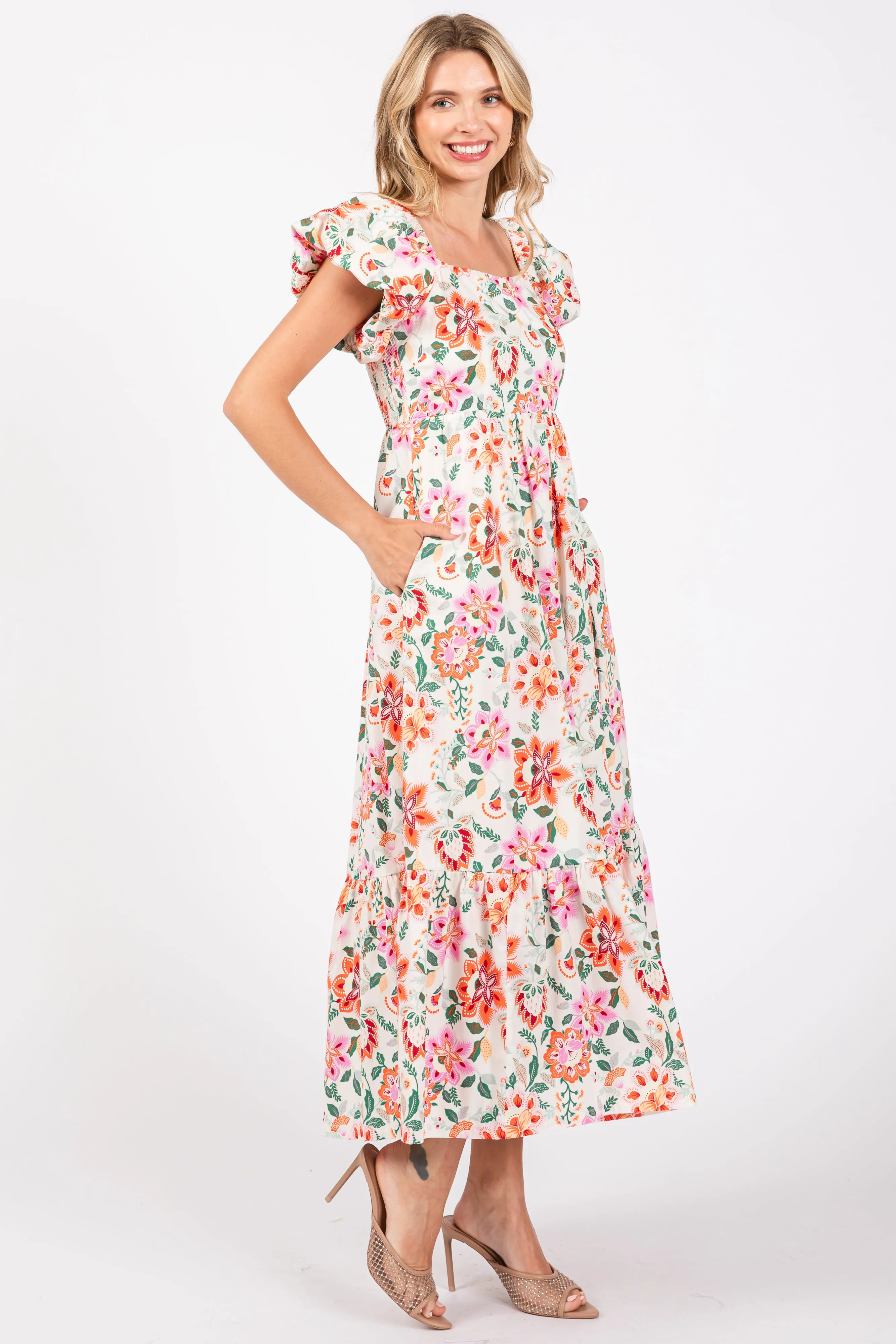 Cream Floral Square Neck Puffy Sleeves Dress sold by Pinkblush product image thumbnail 2