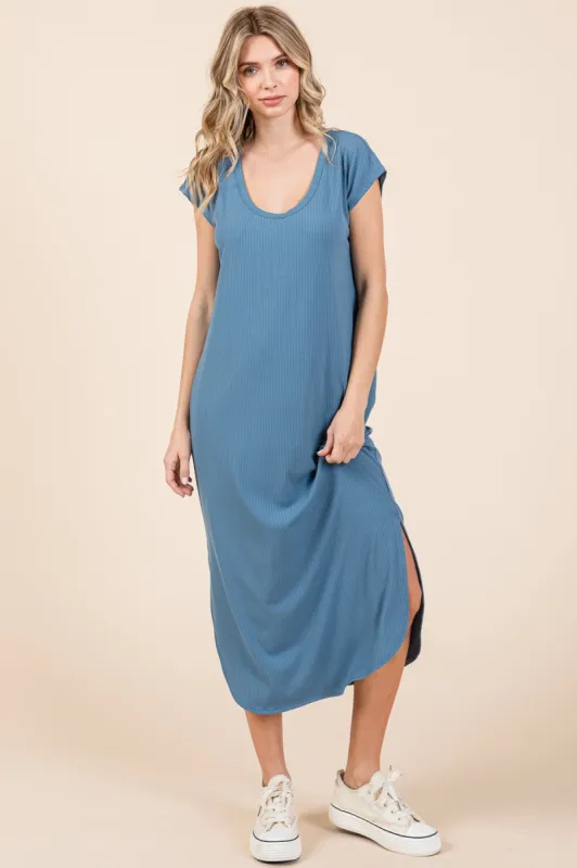 Blue Rib Knit Scoop Neck Midi Dress sold by Pinkblush