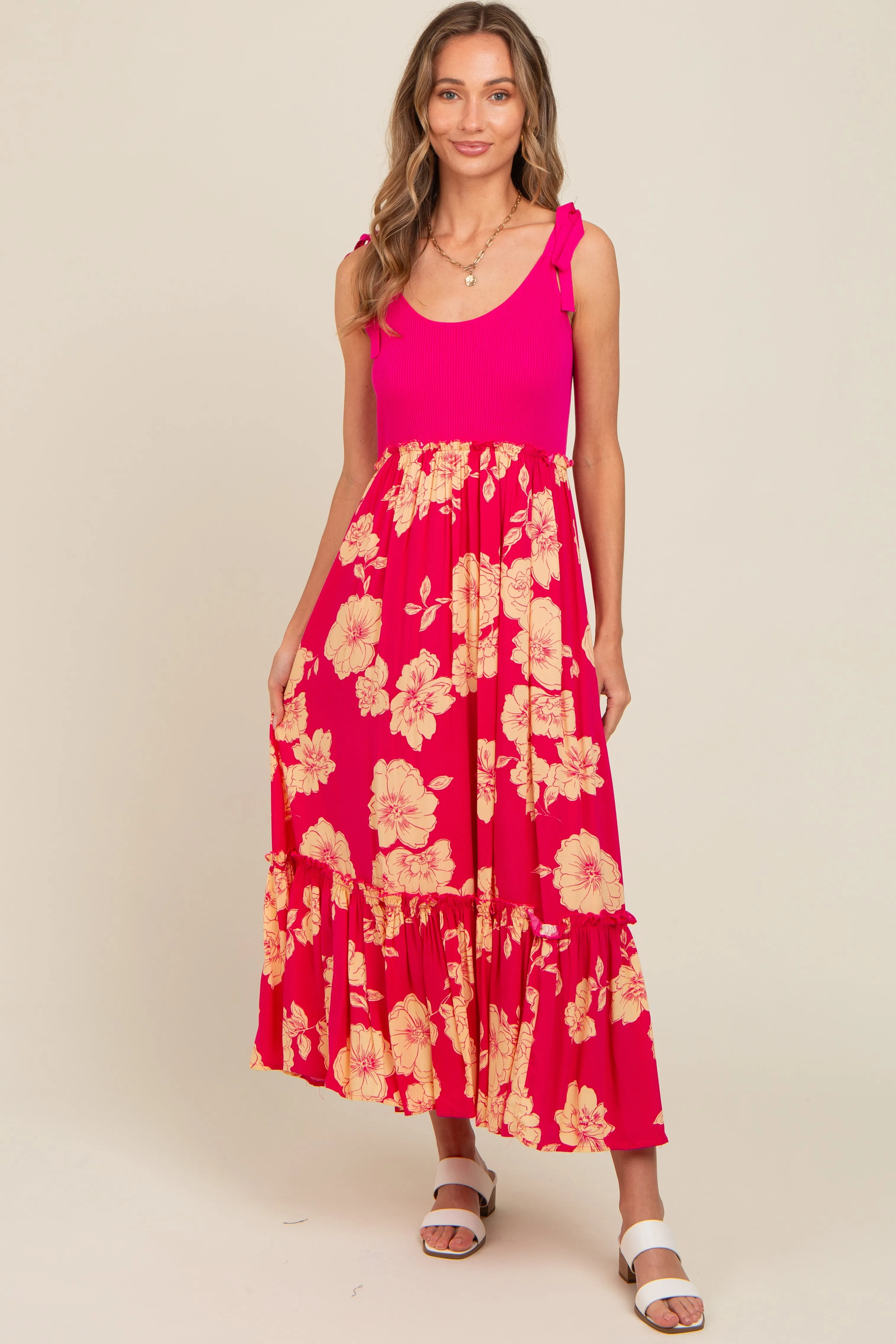 Fuchsia Floral Colorblock Midi Dress sold by Pinkblush product image thumbnail 5