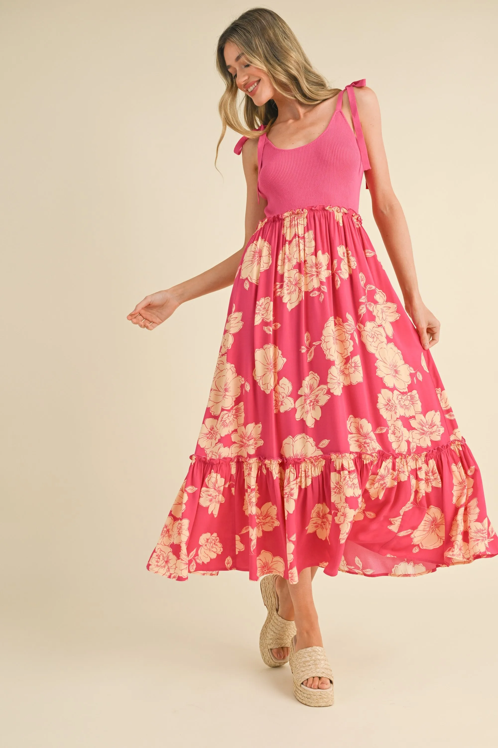 Fuchsia Floral Colorblock Midi Dress sold by Pinkblush product image thumbnail 2