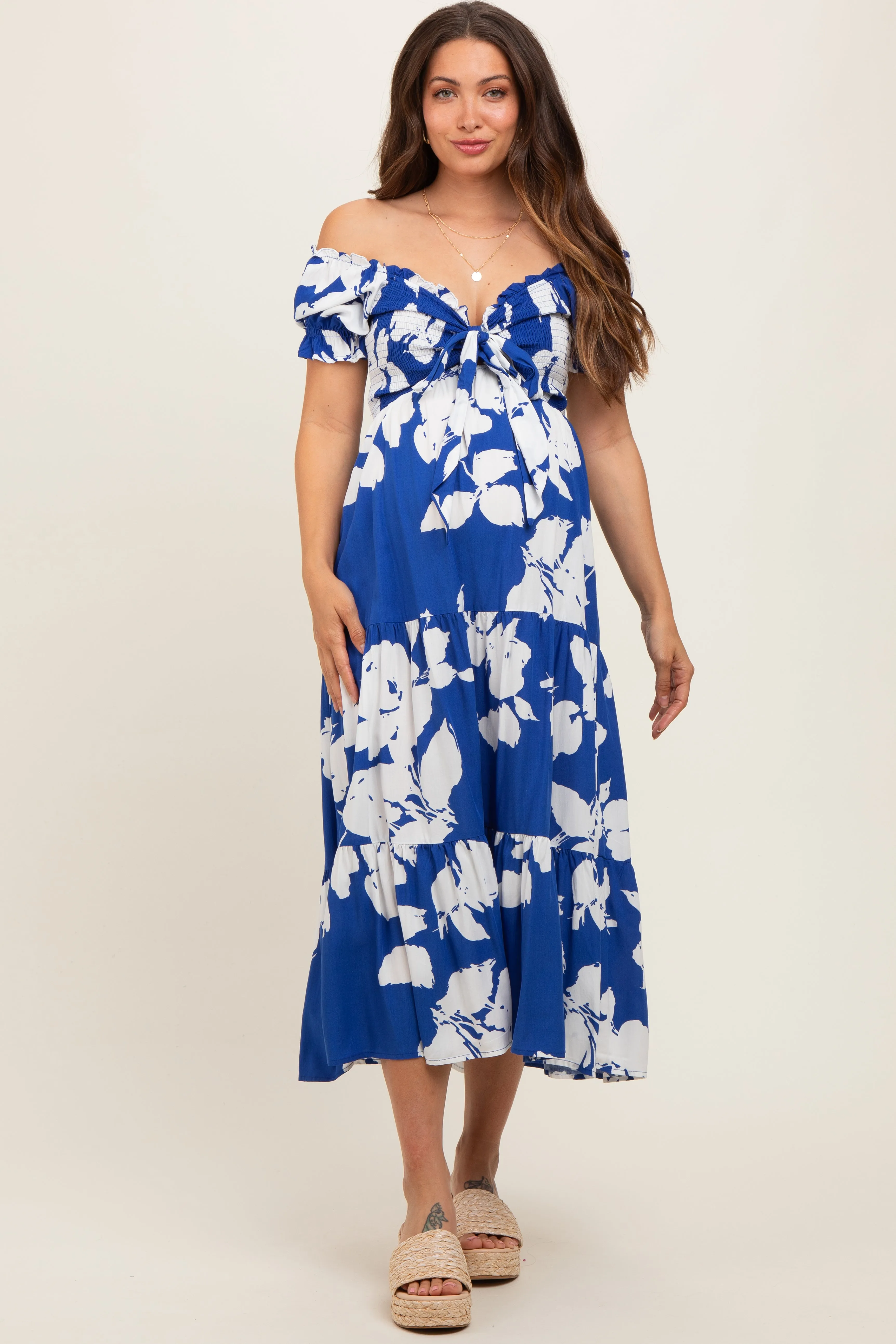 Royal Floral Smocked Knotted Top Maternity Maxi Dress sold by Pinkblush product image thumbnail 2