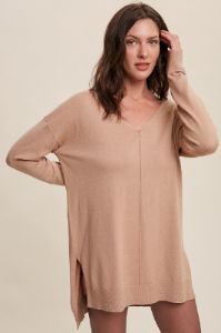 Taupe Oversized Knit Side Slit Top sold by Pinkblush