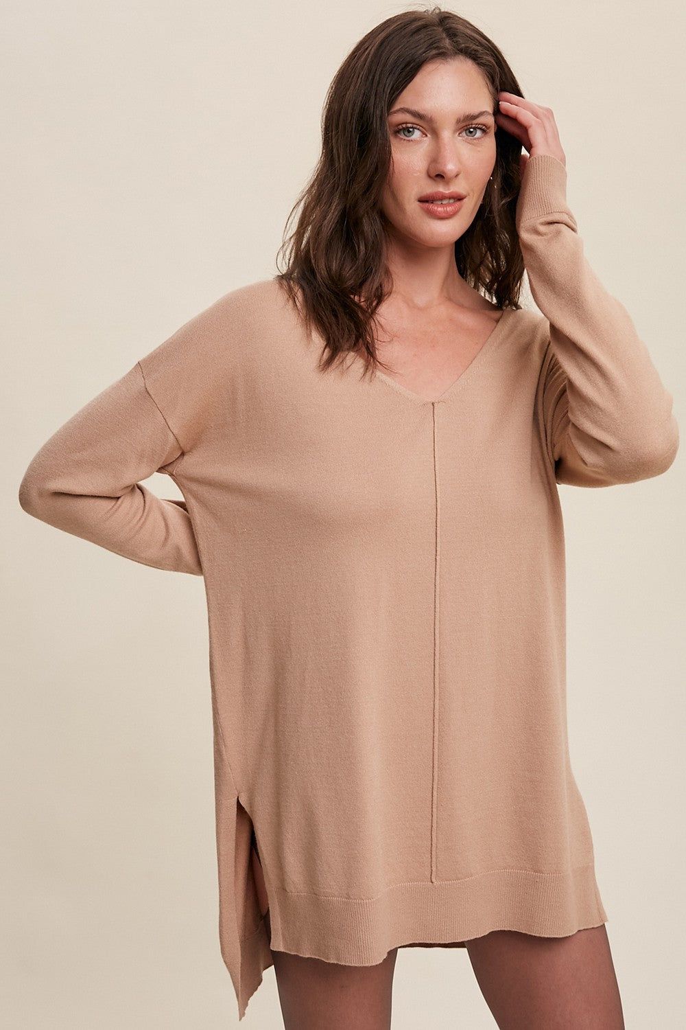 Taupe Oversized Knit Side Slit Top sold by Pinkblush