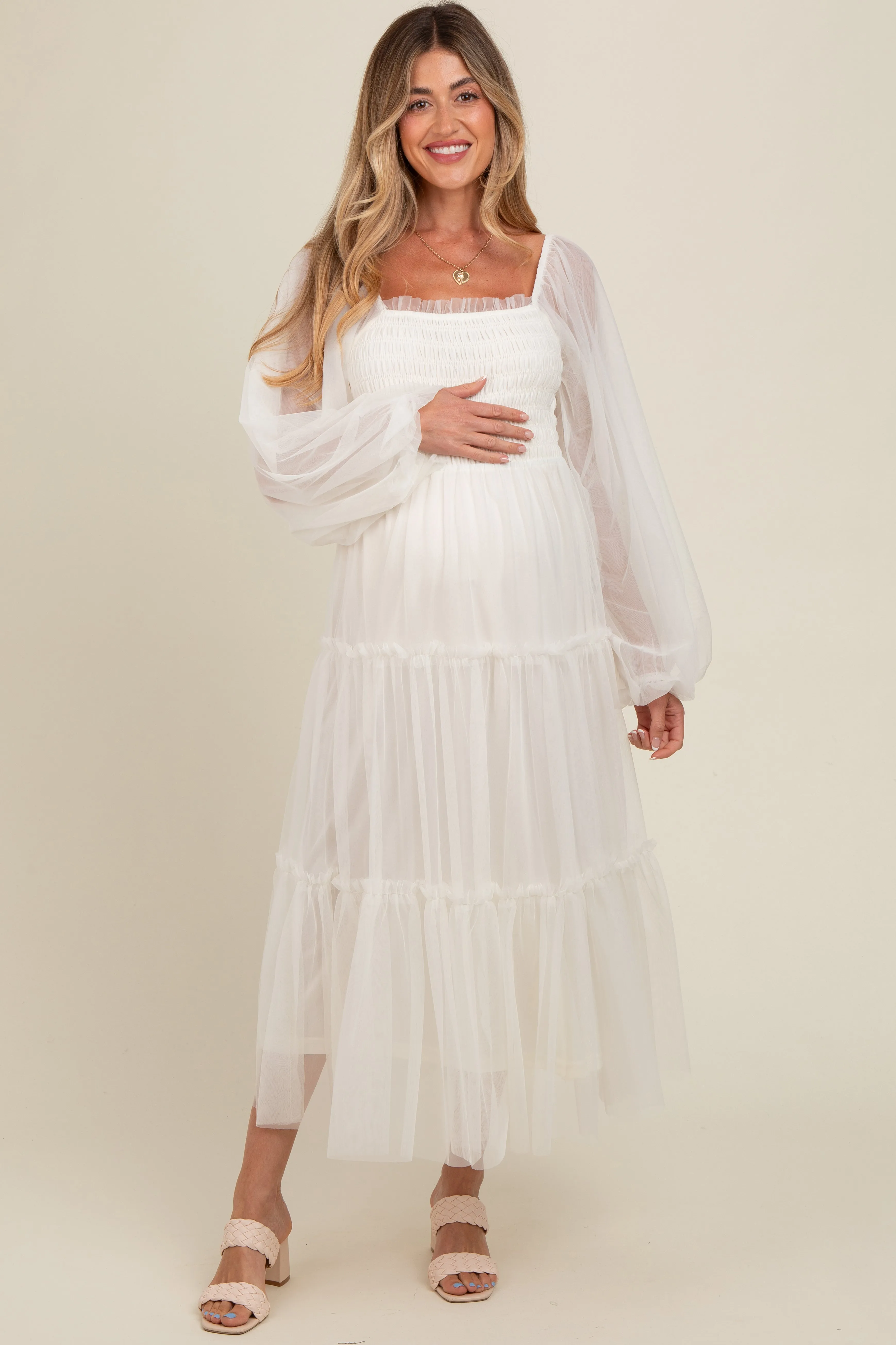 Cream Mesh Tiered Long Sleeve Maternity Maxi Dress sold by Pinkblush
