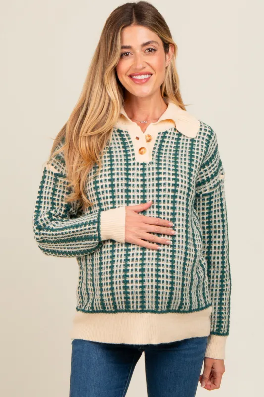 Dark Teal Ruffle Collar Button Up Waffle Knit Maternity Sweater sold by Pinkblush