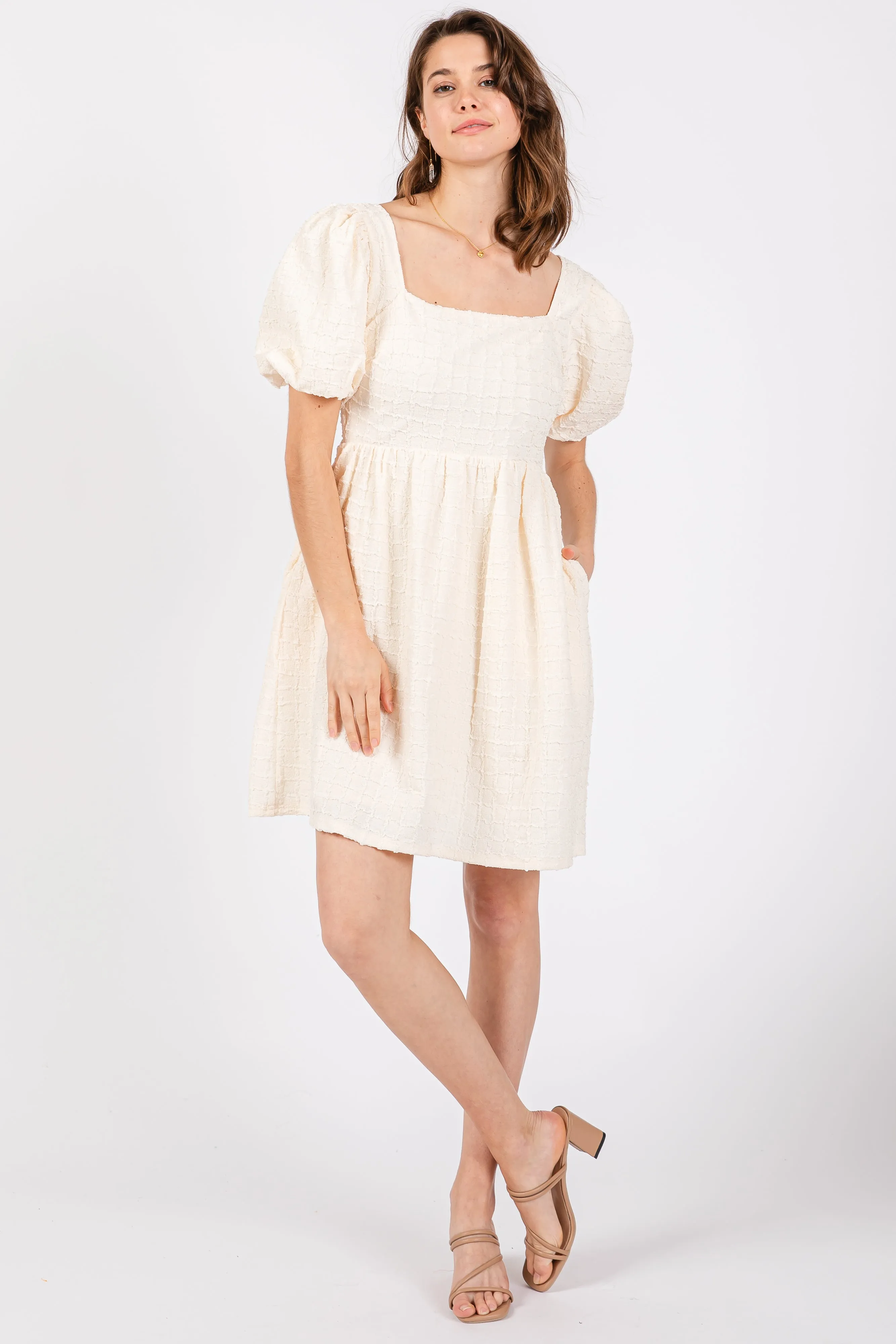 Cream Textured Bubble Sleeve Mini Dress sold by Pinkblush product image thumbnail 4