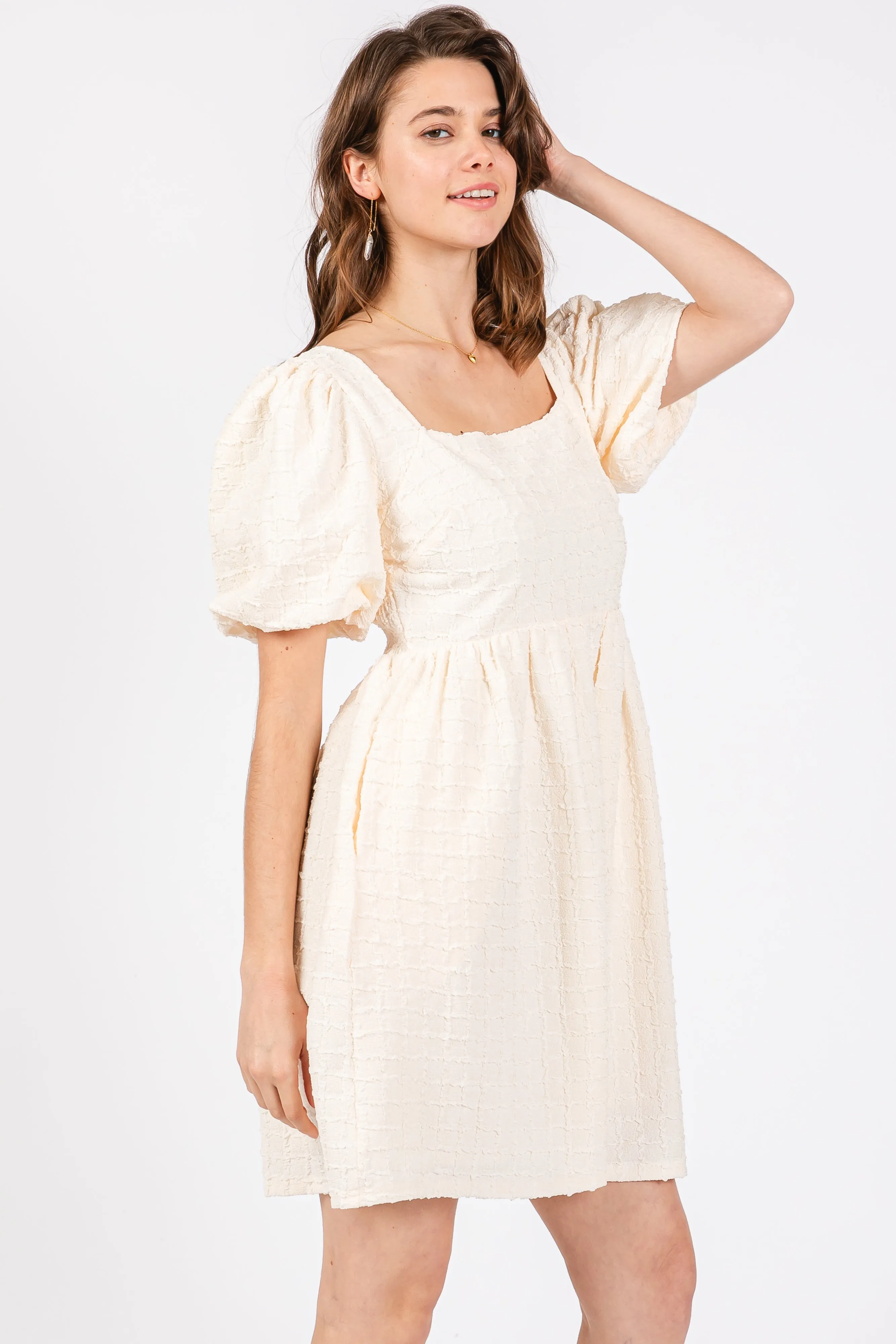 Cream Textured Bubble Sleeve Mini Dress sold by Pinkblush product image thumbnail 2